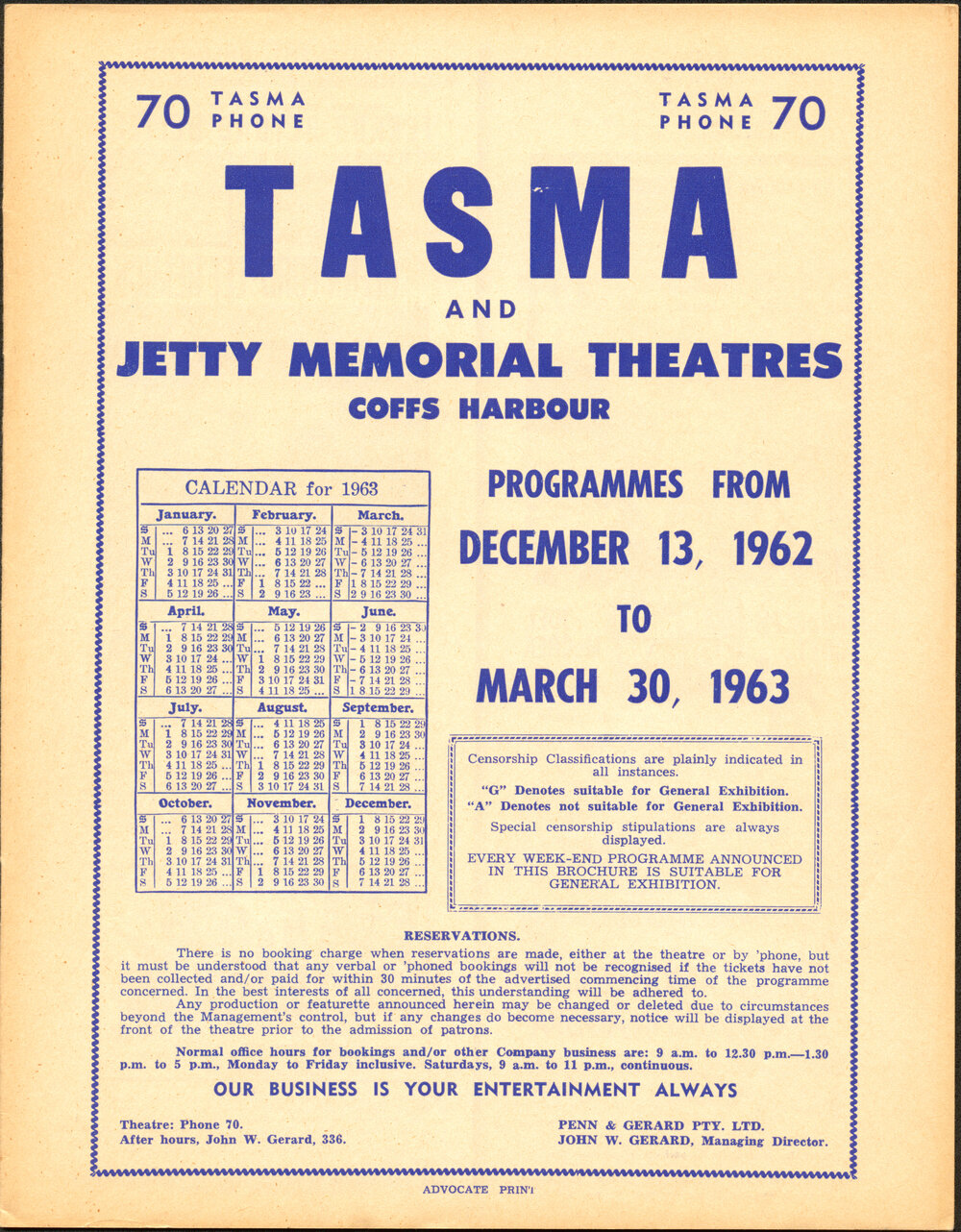 Tasma &amp; Memorial Theatre programme, December 1962 to March 1963