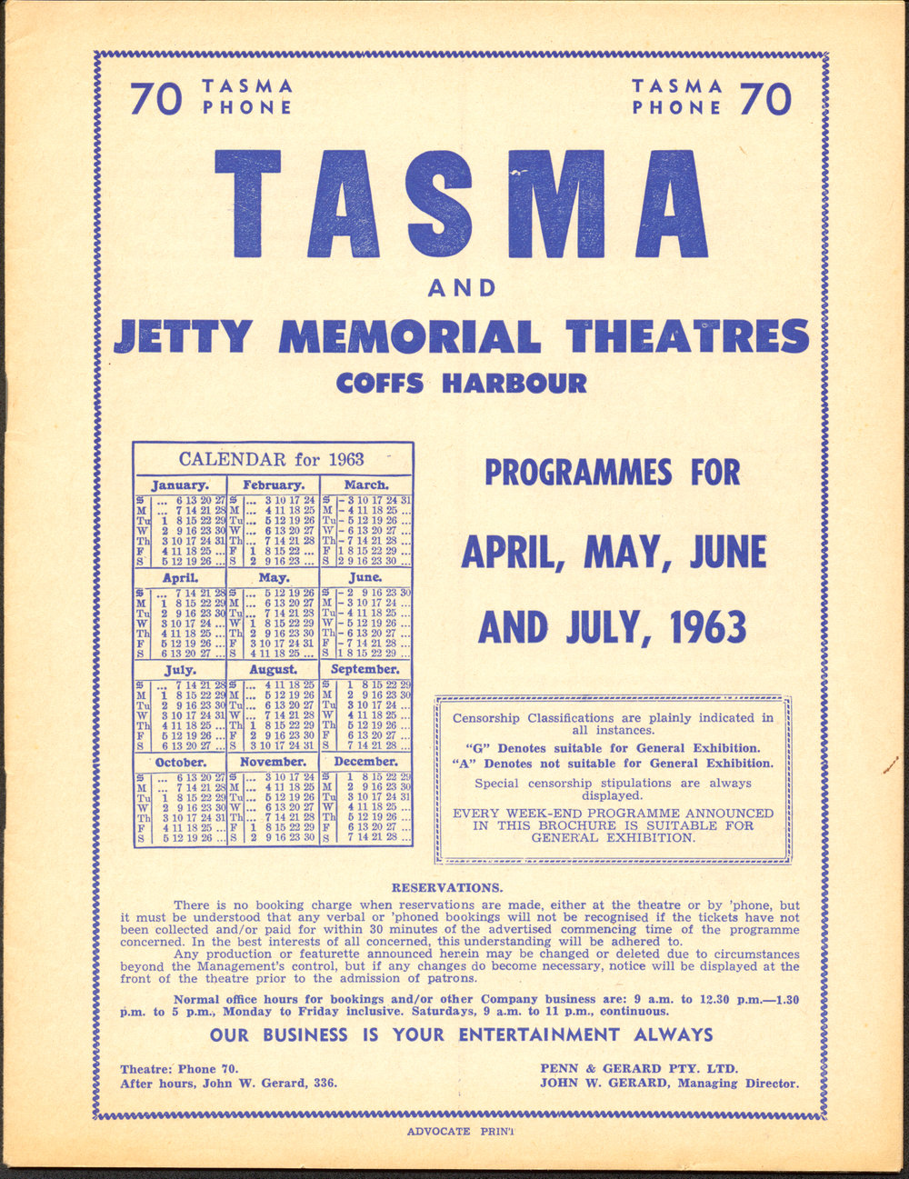 Tasma &amp; Memorial Theatre programme, April to July 1963