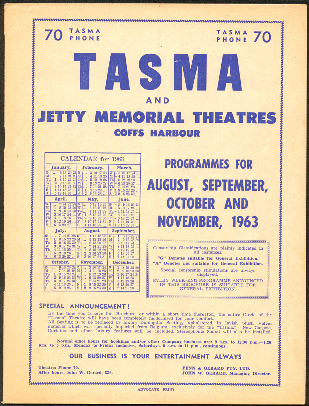 Tasma &amp; Memorial Theatre programme, August to November 1963