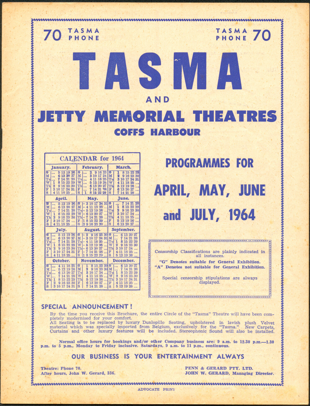Tasma &amp; Memorial Theatre programme, April to July 1964