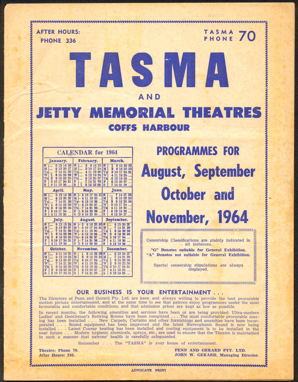 Tasma &amp; Memorial Theatre programme, August to November 1964
