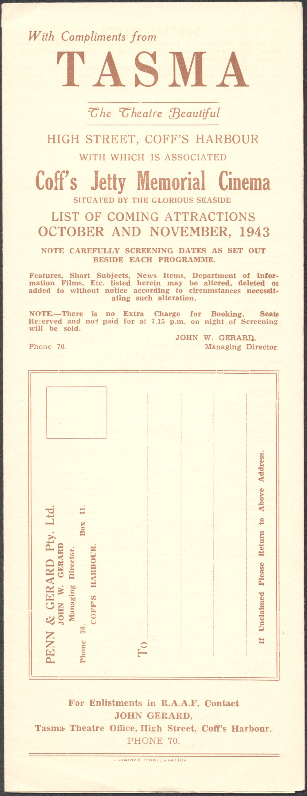 Tasma &amp; Memorial Cinema programme, October - November 1943