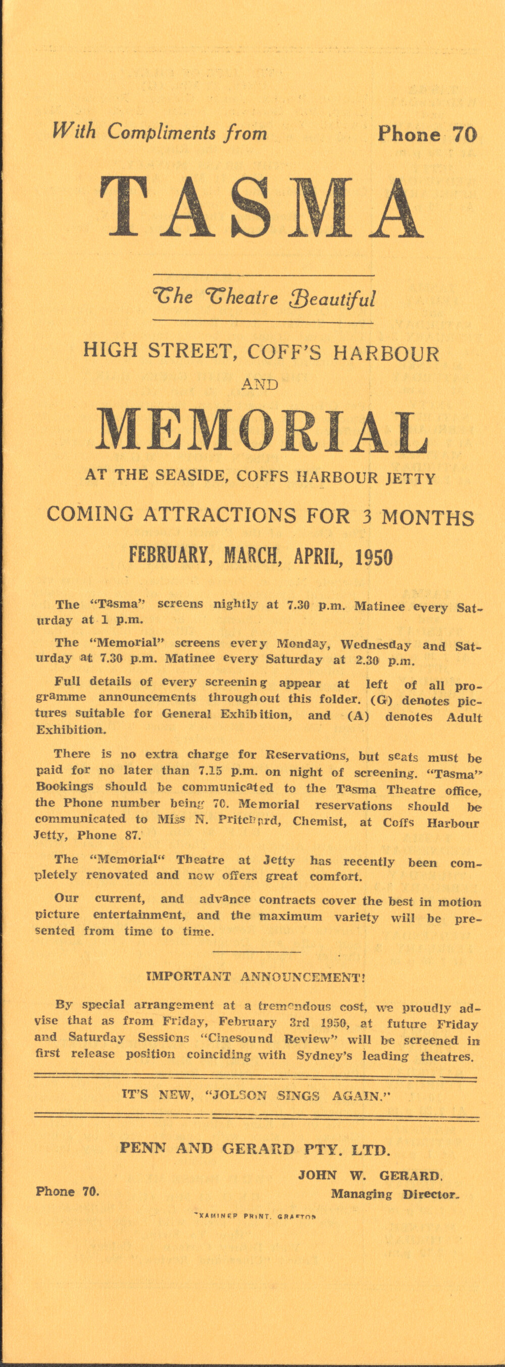Tasma &amp; Memorial Cinema programme, February to April 1950