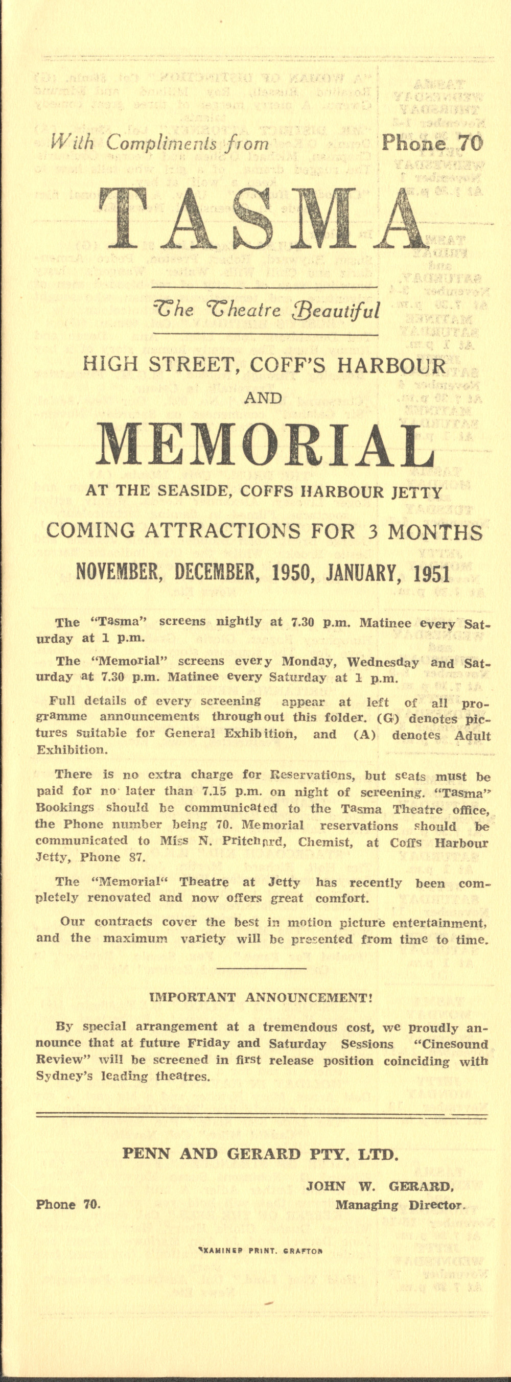 Tasma &amp; Memorial Cinema programme, November 1950 to January 1951