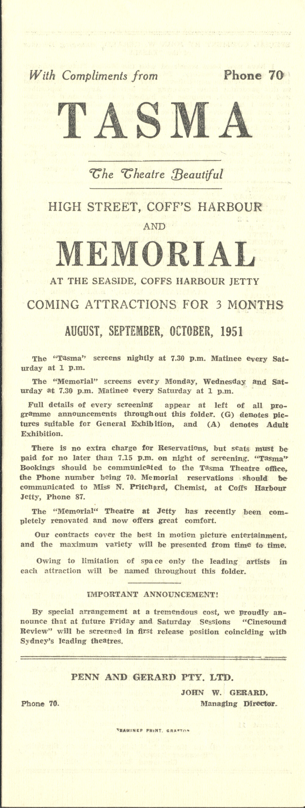 Tasma &amp; Memorial Cinema programme, August to October 1951