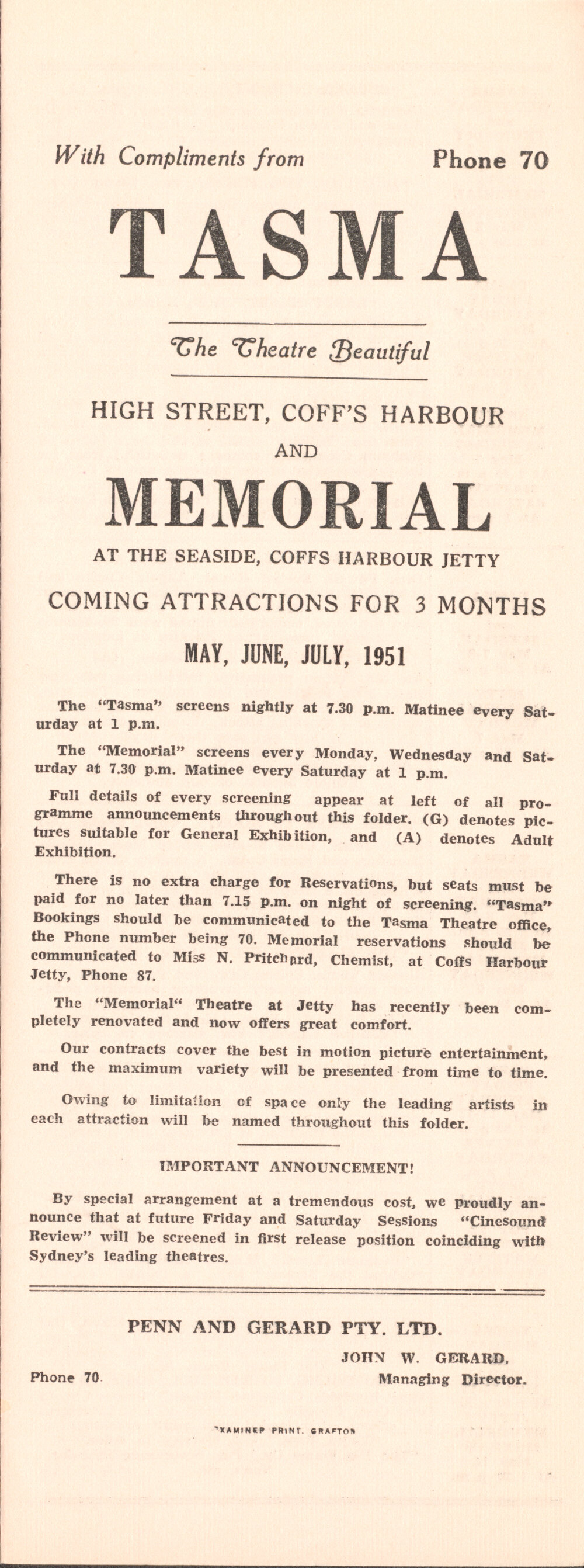Tasma &amp; Memorial Cinema programme, May to July 1951
