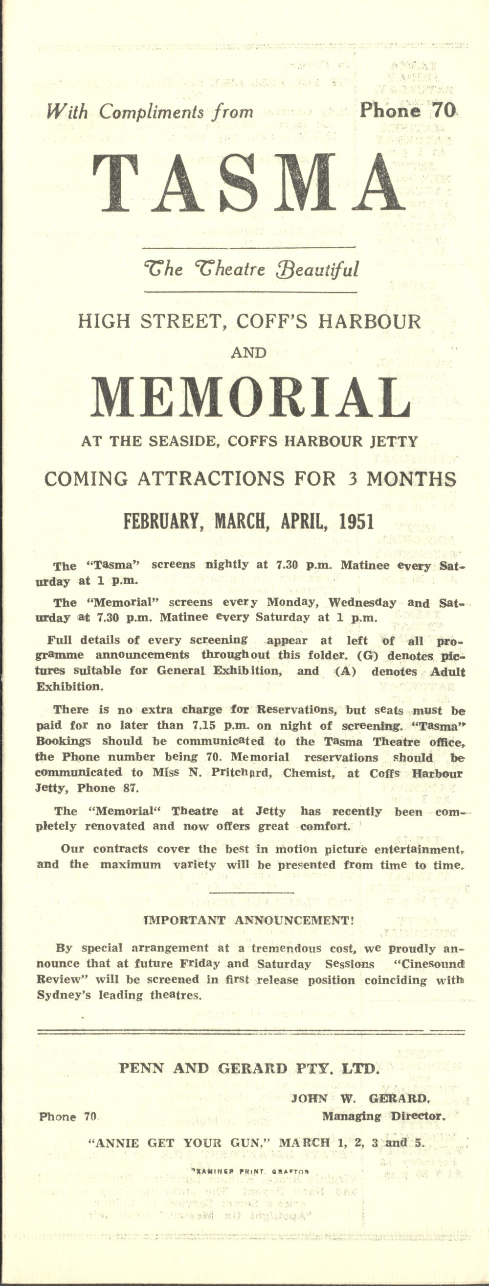 Tasma &amp; Memorial Cinema programme, February to April 1951