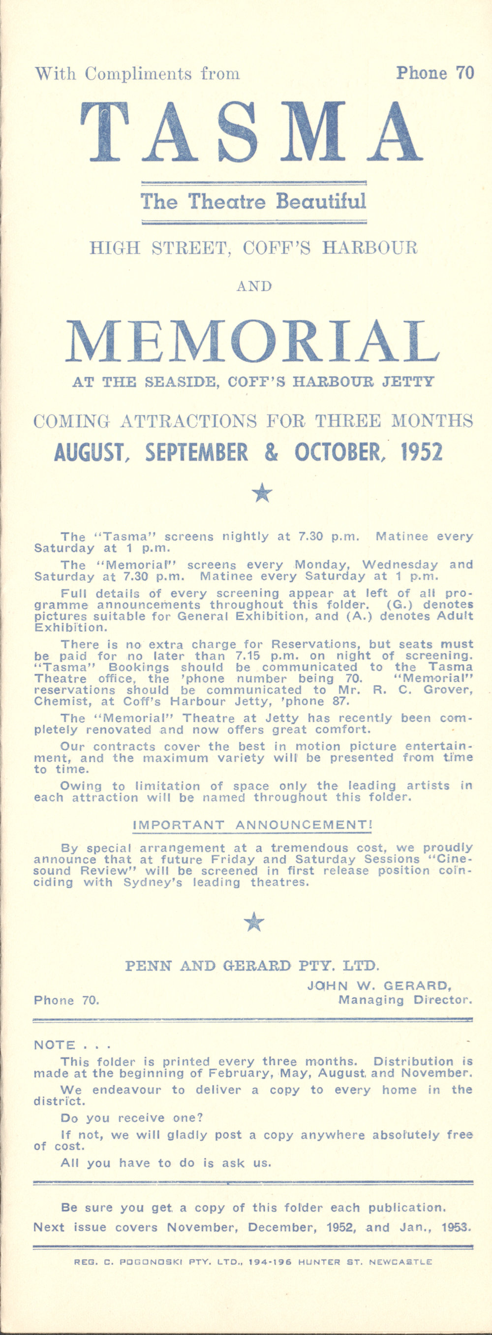 Tasma &amp; Memorial Cinema programme, August to October 1952