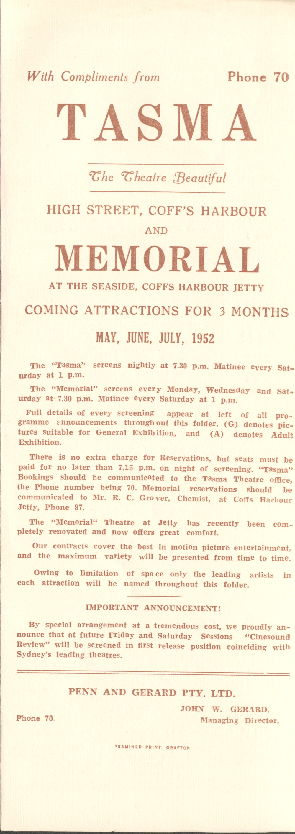 Tasma &amp; Memorial Cinema programme, May to July 1952