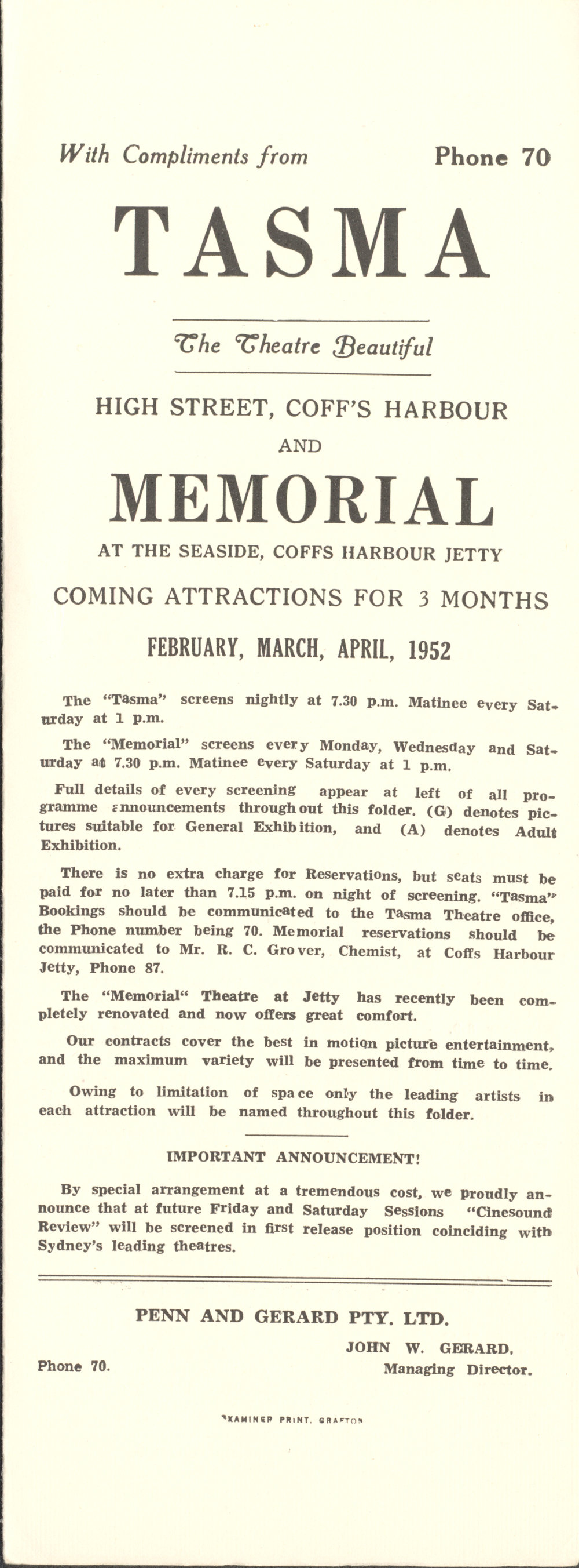Tasma &amp; Memorial Cinema programme, February to April 1952