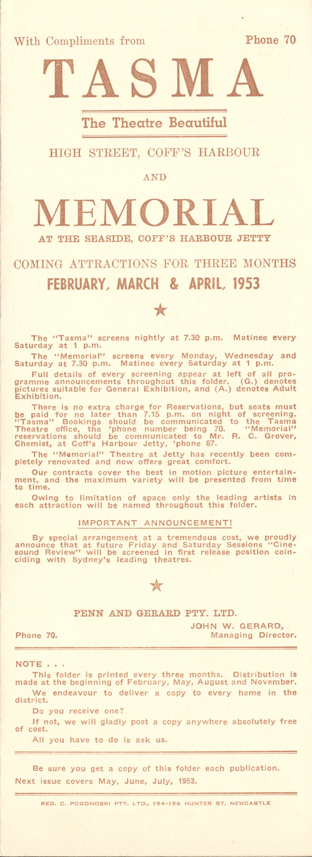 Tasma &amp; Memorial Cinema programme, February to April 1953