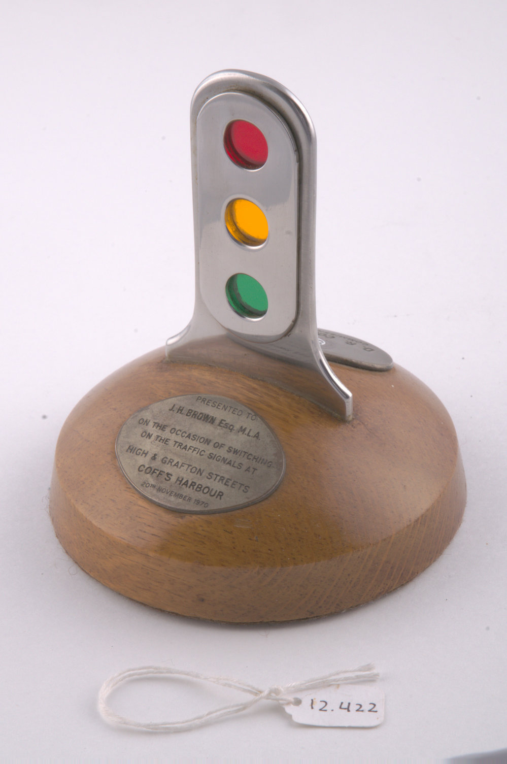 Trophy commemorating the first traffic lights in Coffs, 1970