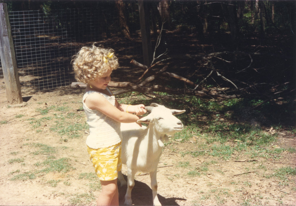 Leana McInnes &amp; goat, Storyland Gardens, mid-1980s
