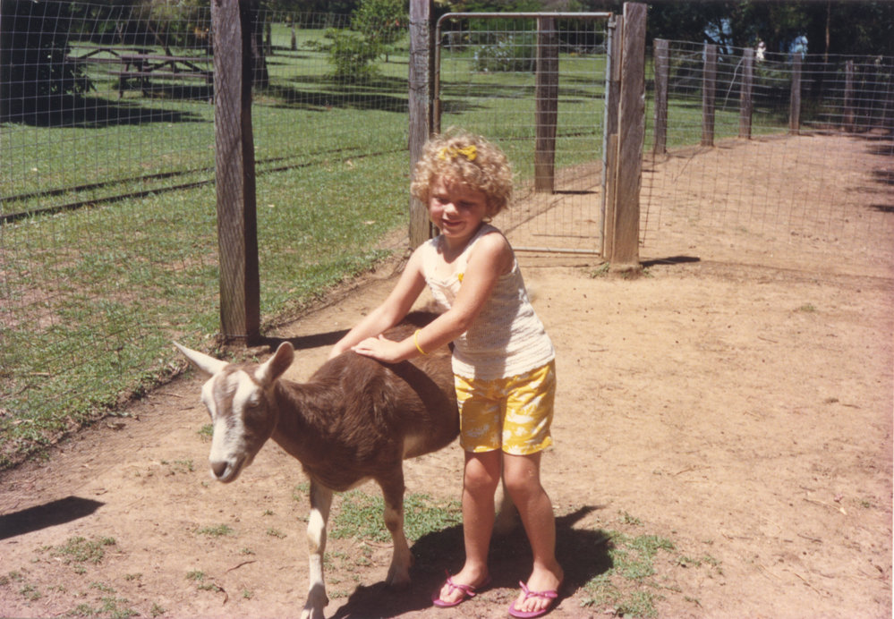 Leana McInnes &amp; goat, Storyland Gardens, mid-1980s