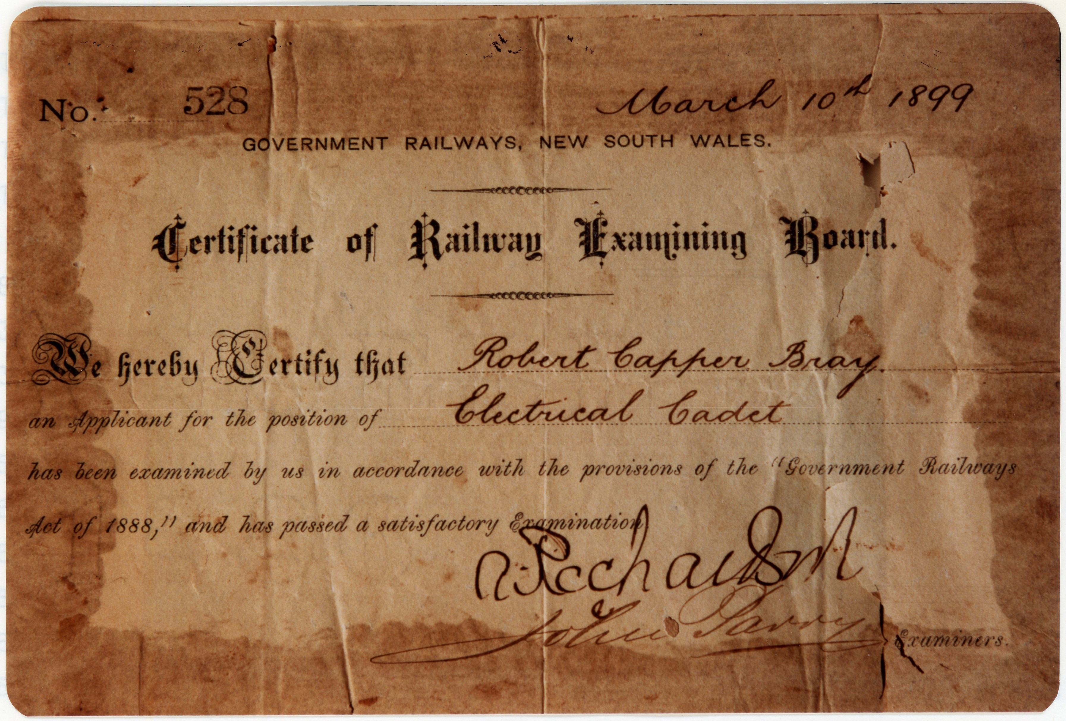 Robert Capper Bray's Cadet certificate