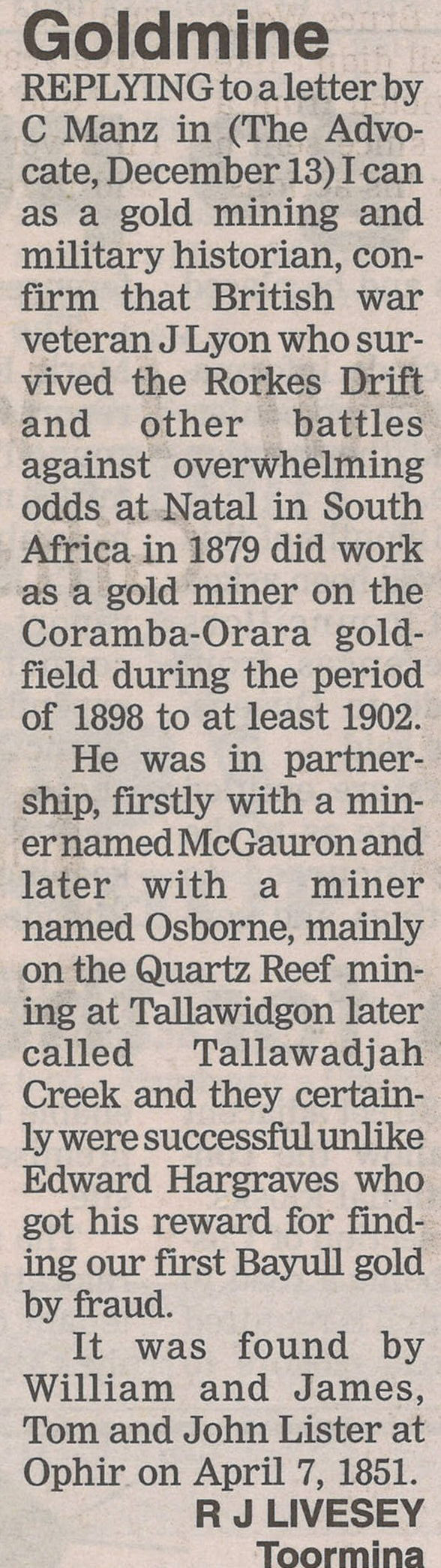 Coffs Harbour Advocate
19 December 2000, p.6