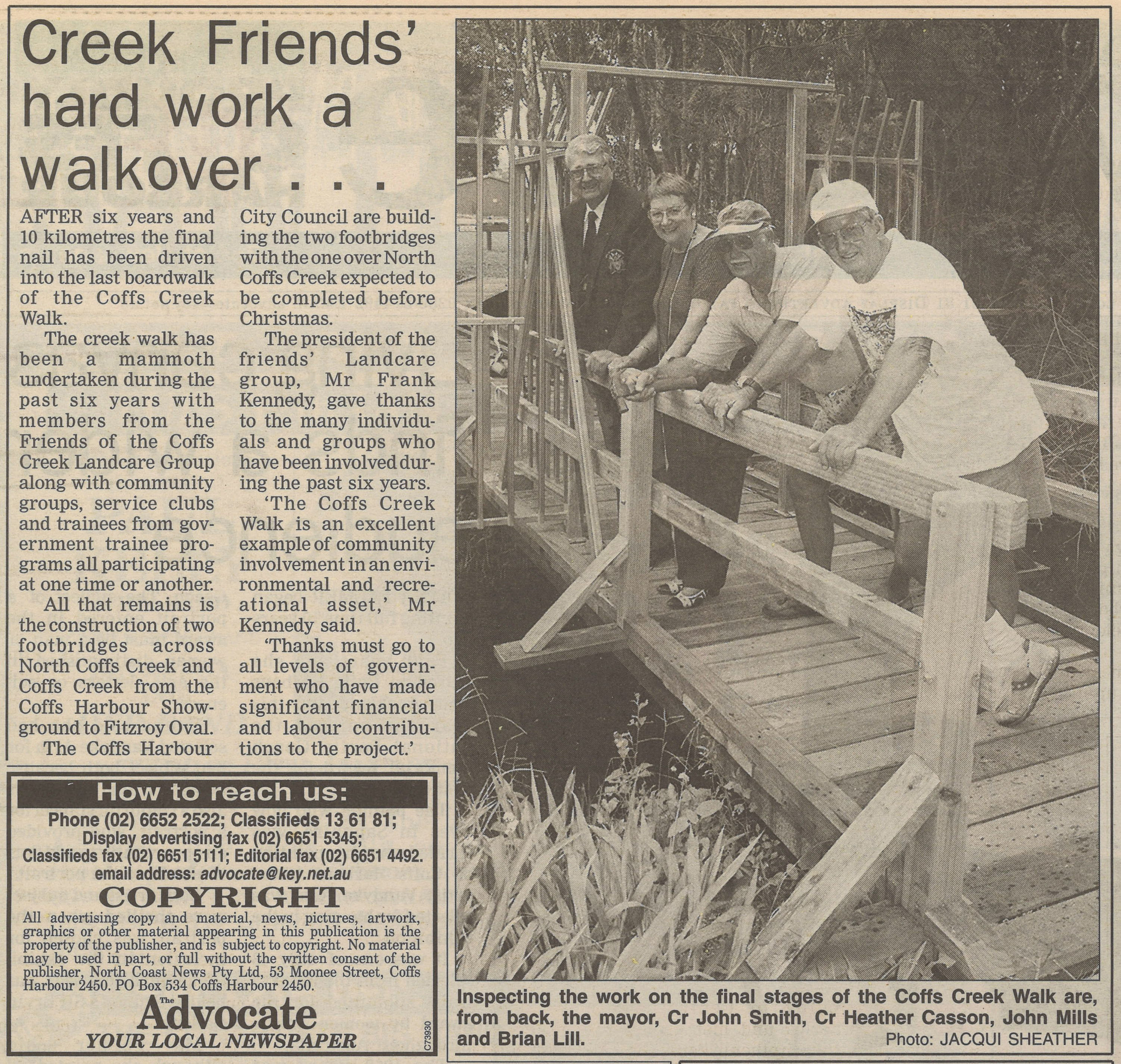 Councillor John Smith, Councillor Heather Casson, John Mills, Brian Lill

Coffs Harbour Advocate
11 December 1998, p.2