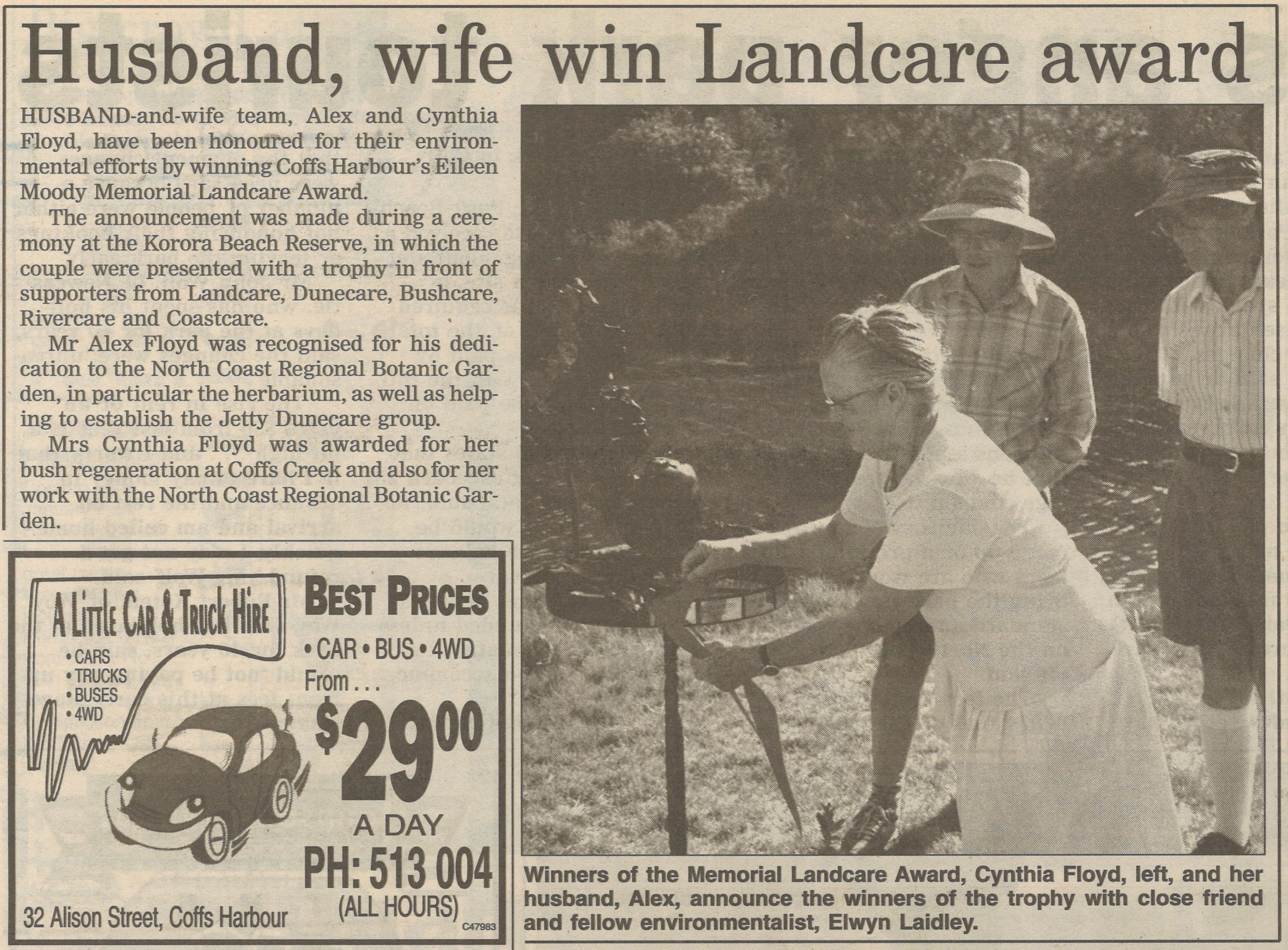 Husband, wife win Landcare award
Coffs Harbour Advocate
27 December 1994, p.7
