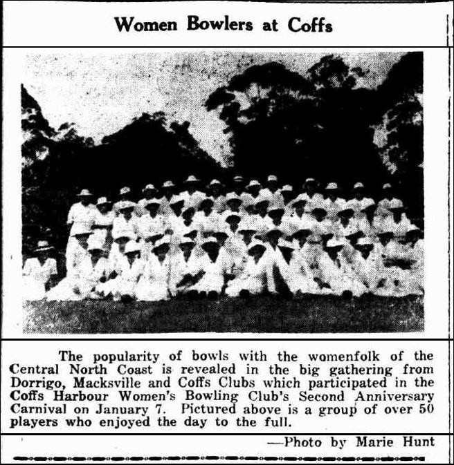 Coffs Harbour Women Bowlers (1949, January 18). Coffs Harbour Advocate (NSW : 1907 - 1942; 1946 - 1954), p. 1. http://nla.gov.au/nla.news-article185079299