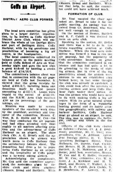 District Aero Club Formed
Coffs Harbour Advocate 6 September 1929, p.6

The full article is at
http://nla.gov.au/nla.news-page21293769