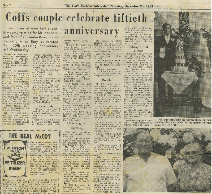 Article 'Coffs couple celebrate fiftieth anniversary', The Coffs Harbour Advocate, 23 December 1968, p2.