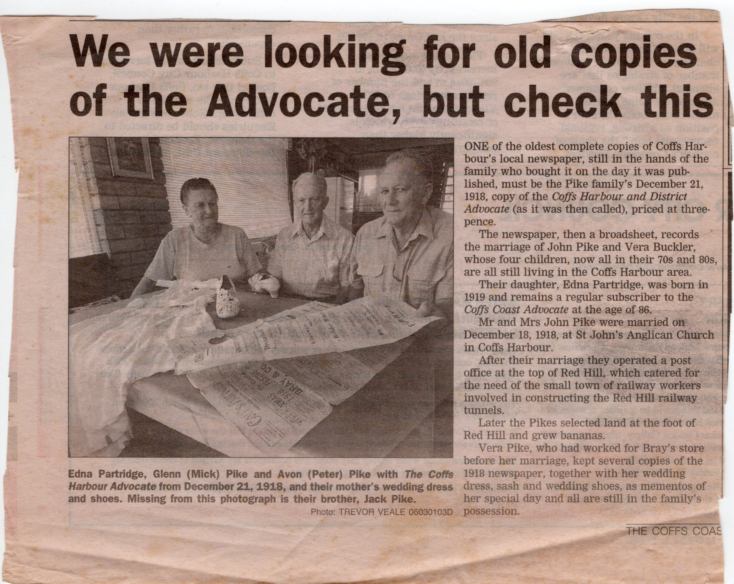 Article 'We were looking for old copies of the Advocate, but check this', The Coffs Coast Advocate, 1 March 2006.