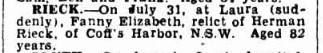 Family Notices (1942, August 13). Chronicle (Adelaide, SA : 1895 - 1954), p. 13. 
http://nla.gov.au/nla.news-article92378294