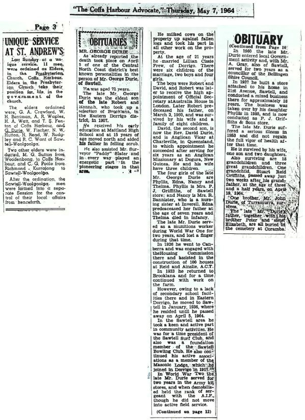 Article 'Unique Service at St. Andrew's' and Obituary, The Coffs Harbour Advocate, 7 May 1964.