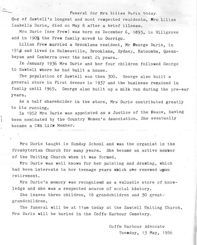 Transcript of article 'Funeral for Mrs Lilian Durie today', Coffs Harbour Advocate, 13 May 1986.