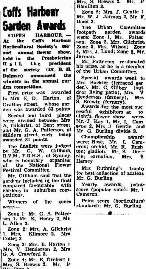 Coffs Harbour Garden Awards (1952, September 27). Daily Examiner (Grafton, NSW : 1915 - 1954), p. 6. http://nla.gov.au/nla.news-article194583596
