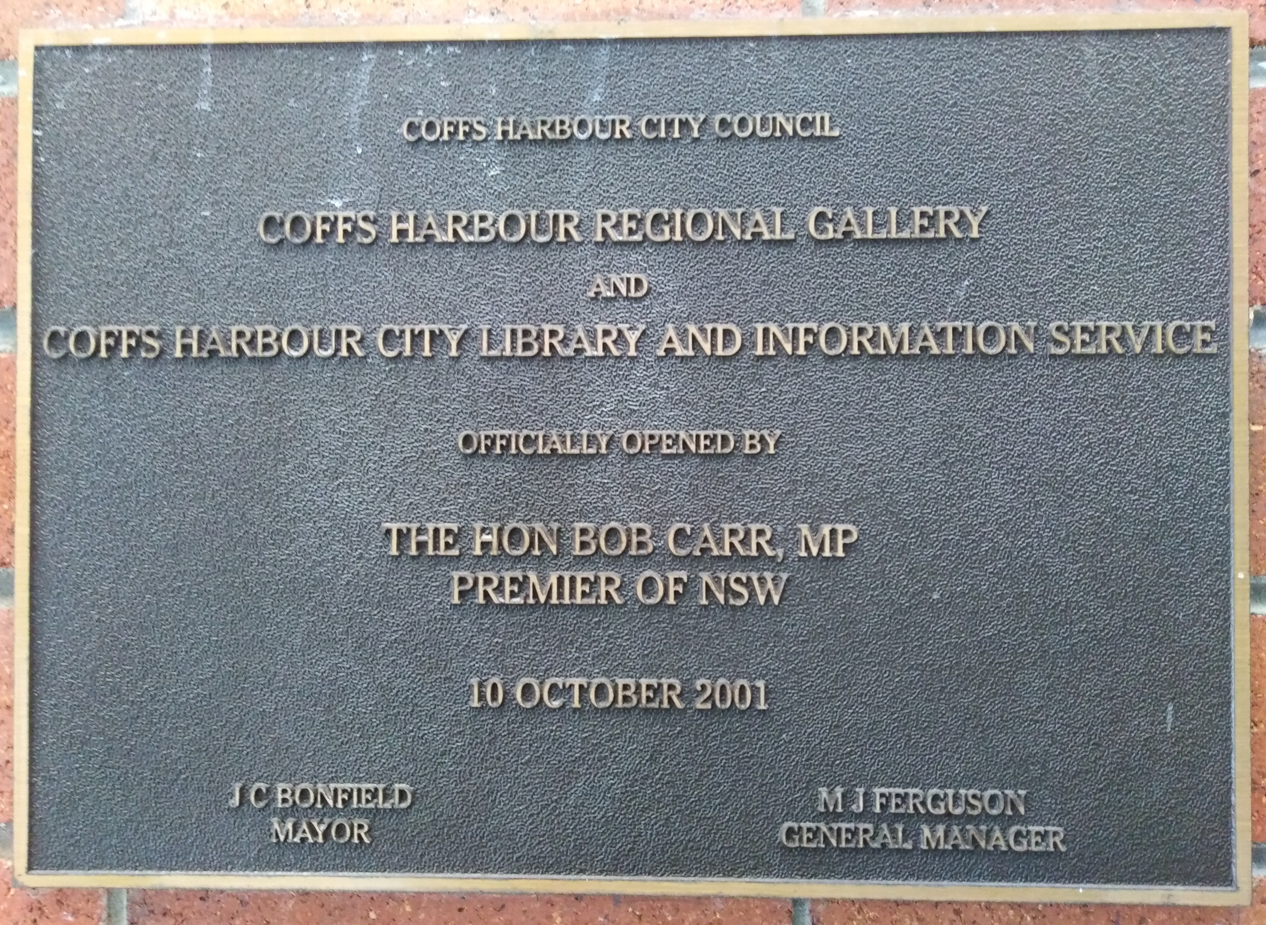 Plaque at Rigby House for the new City Library and Information Service opened in 2001 when Jenny Bonfield was Mayor.