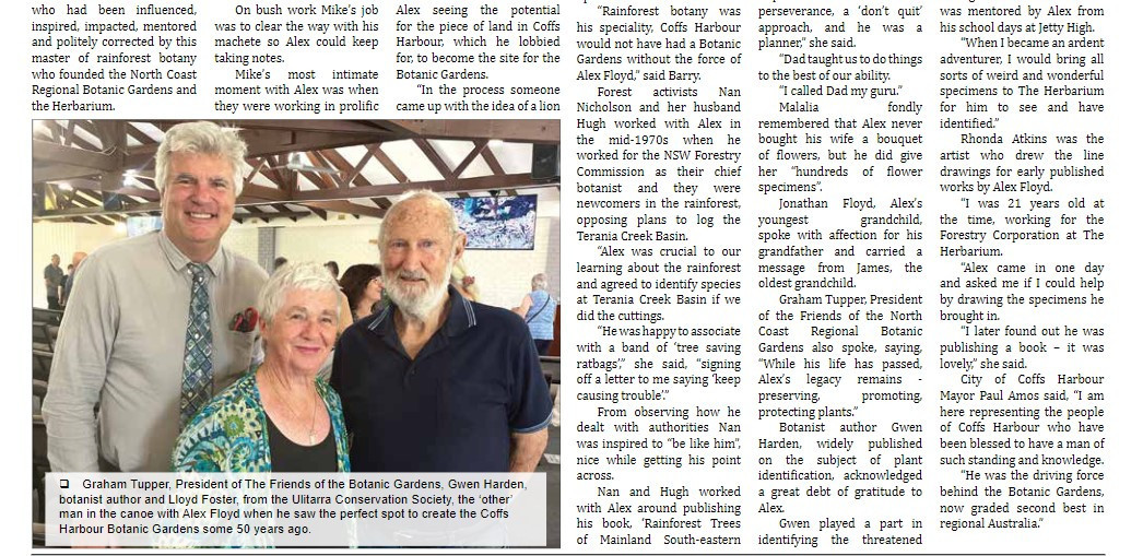 Life of botanist Alex Floyd celebrated (part b)
News of the Area, 30 january 2023, p.8
https://nla.gov.au/nla.obj-3137340256/view