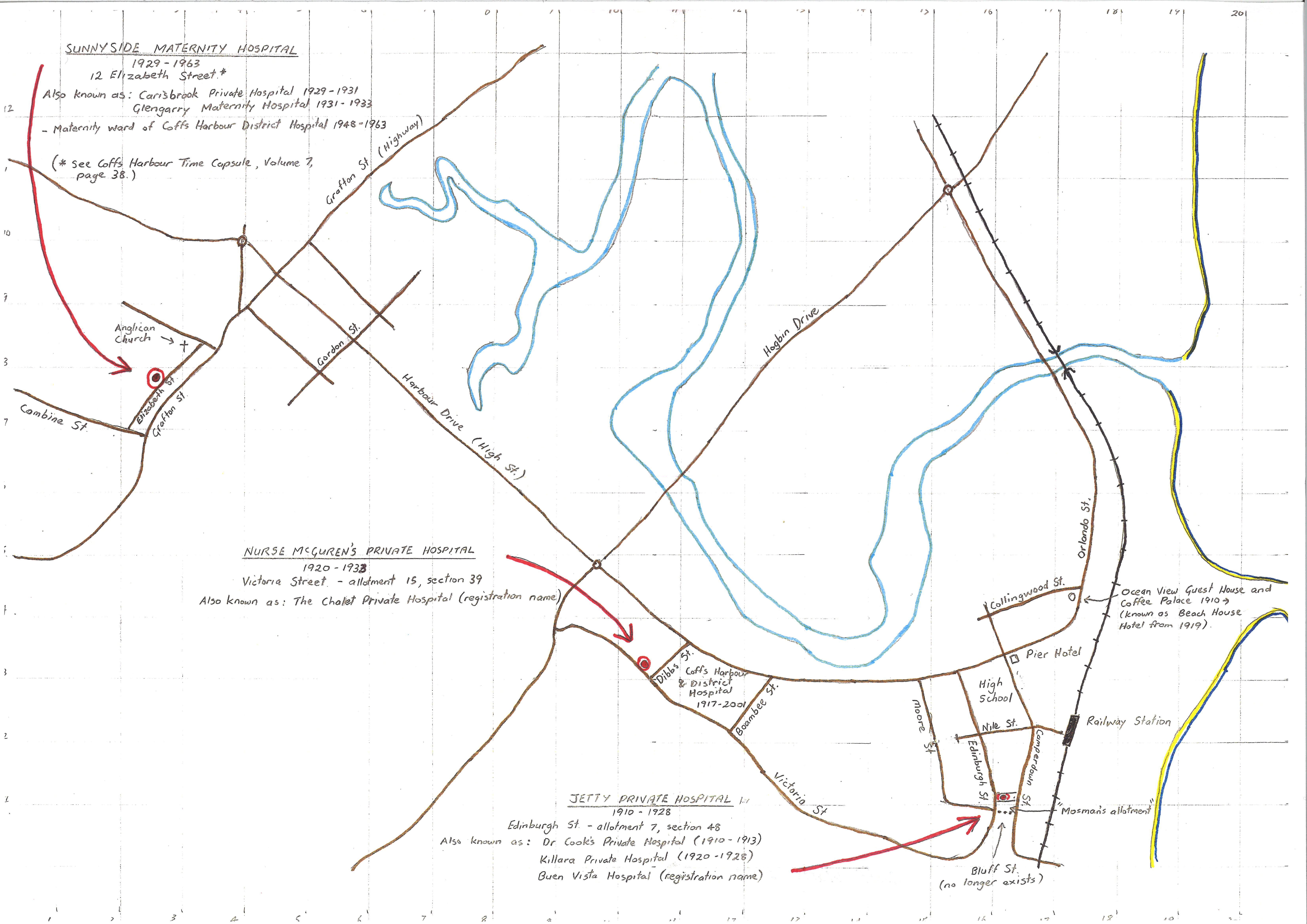 Map of locations of Coffs Harbour's Private Hospitals, handdrawn by Museum volunteer Geoff Watts, 2017