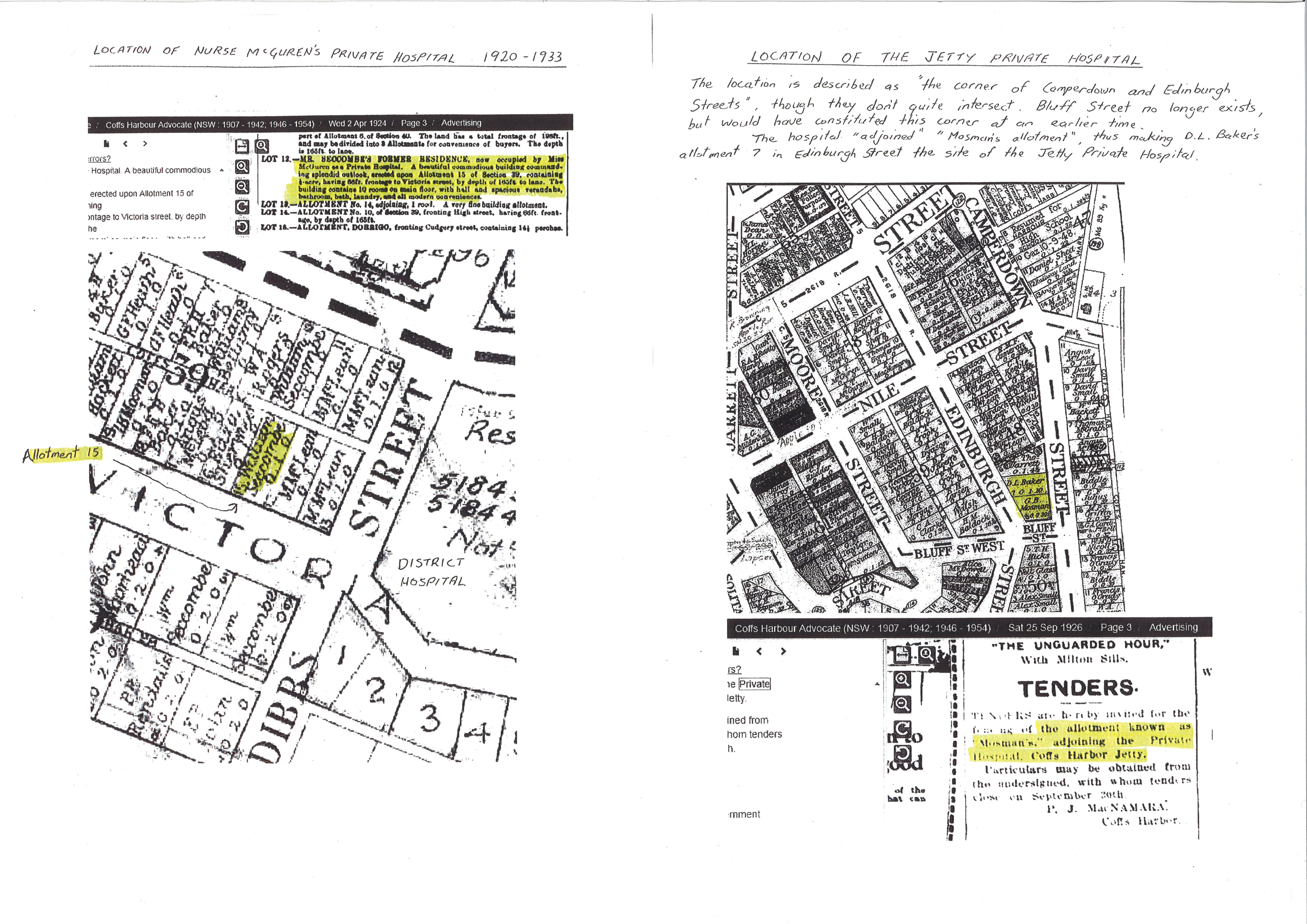 Supporting documents for the map of locations of Coffs Harbour's Private Hospitals, compiled by Geoff Watts, 2017