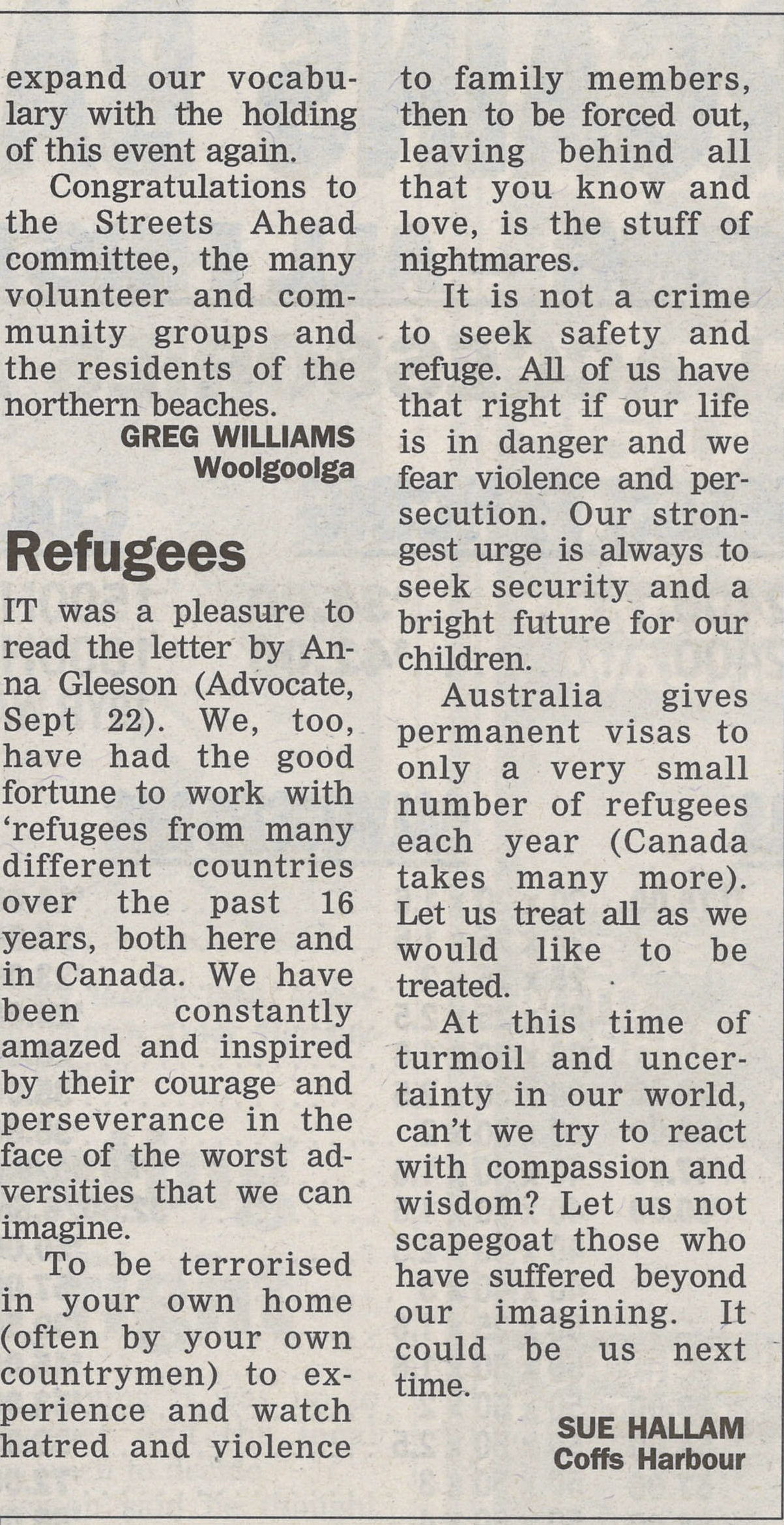 Refugees
Coffs Harbour Advocate
10 October 2001, p.7