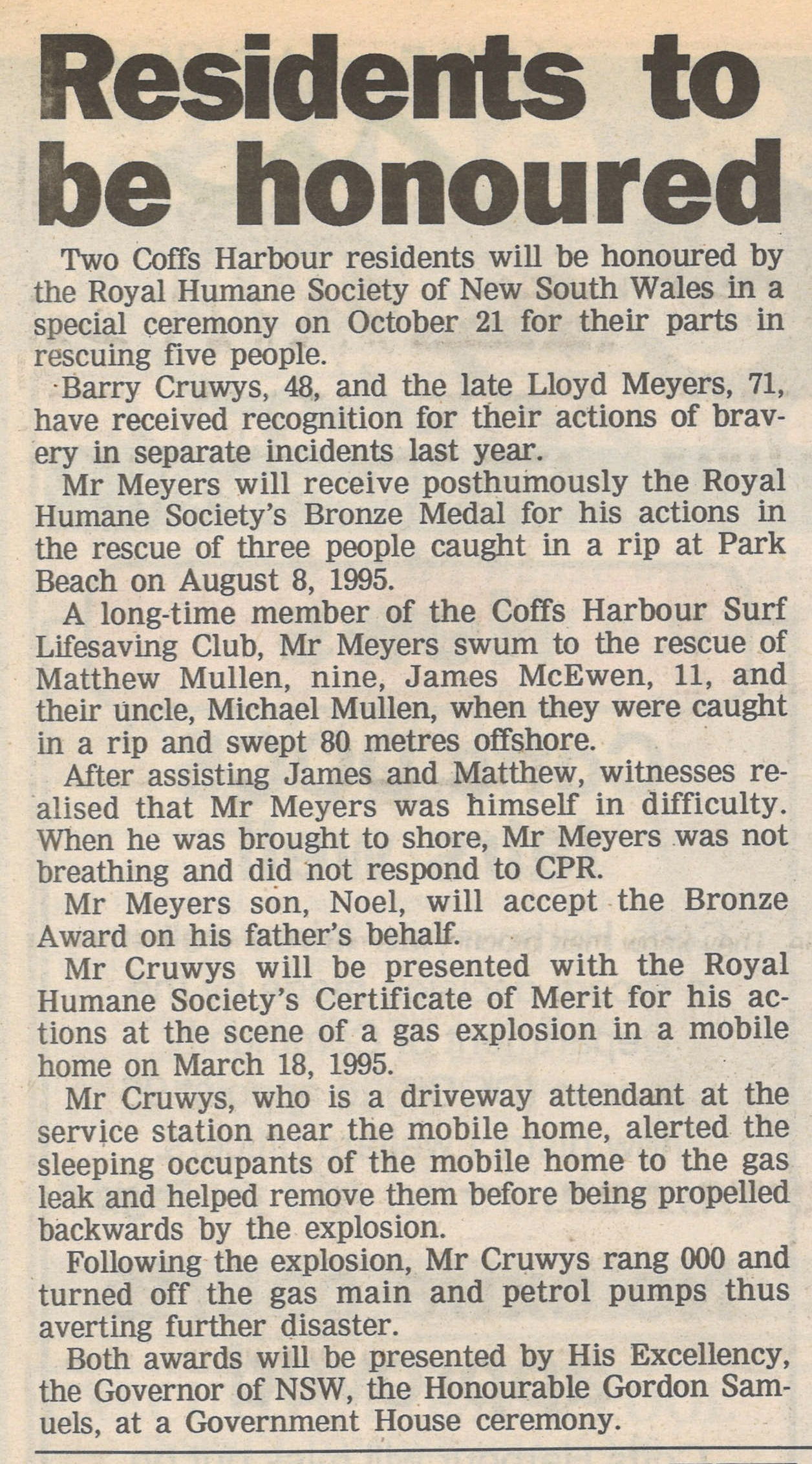Residents to be honoured
Coffs Harbour Advocate
12 October 1996, p.2