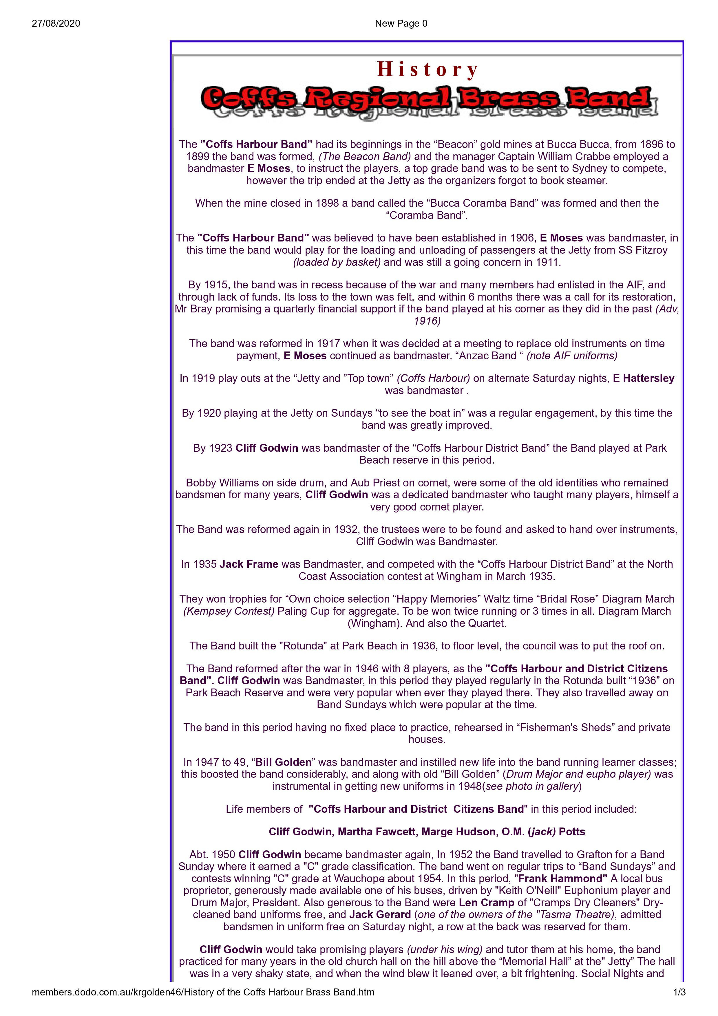 History of the Coffs Harbour Regional Brass Band