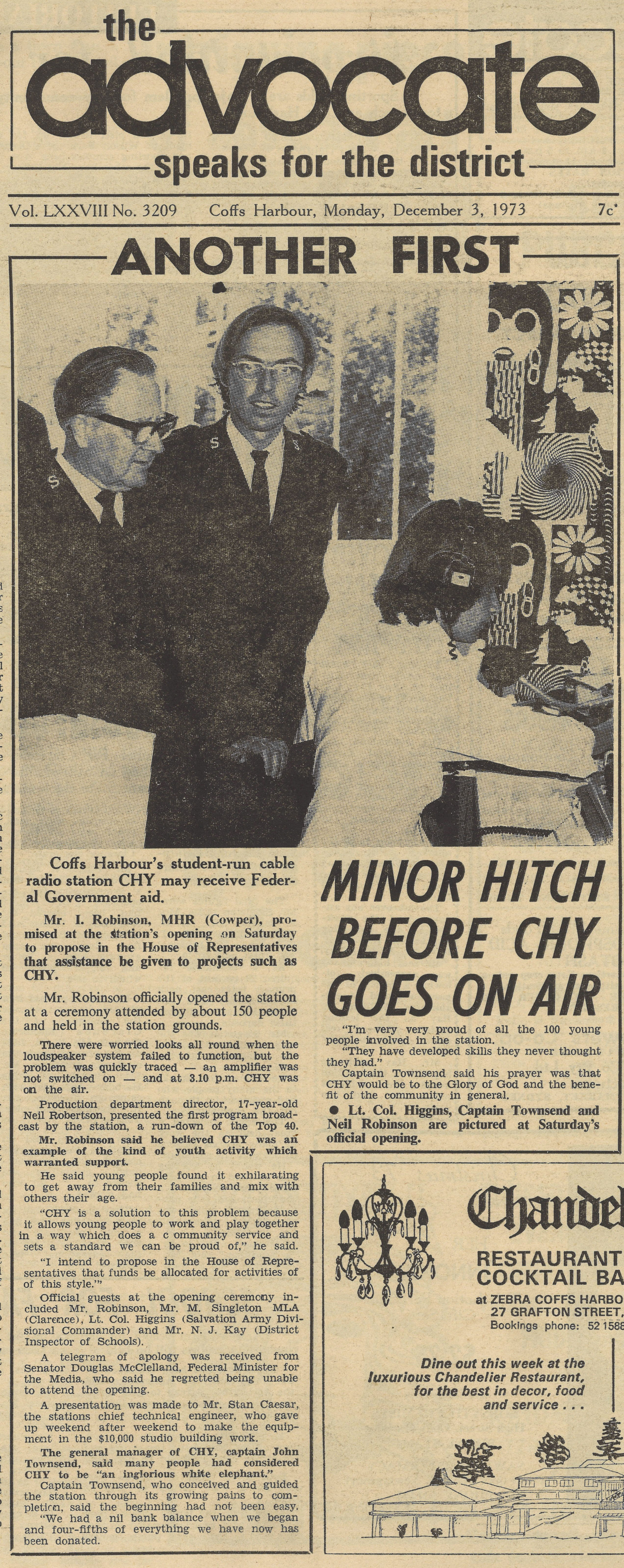 Minor hitch before CHY goes on air
The Advocate, 3 December 1973, p.1
