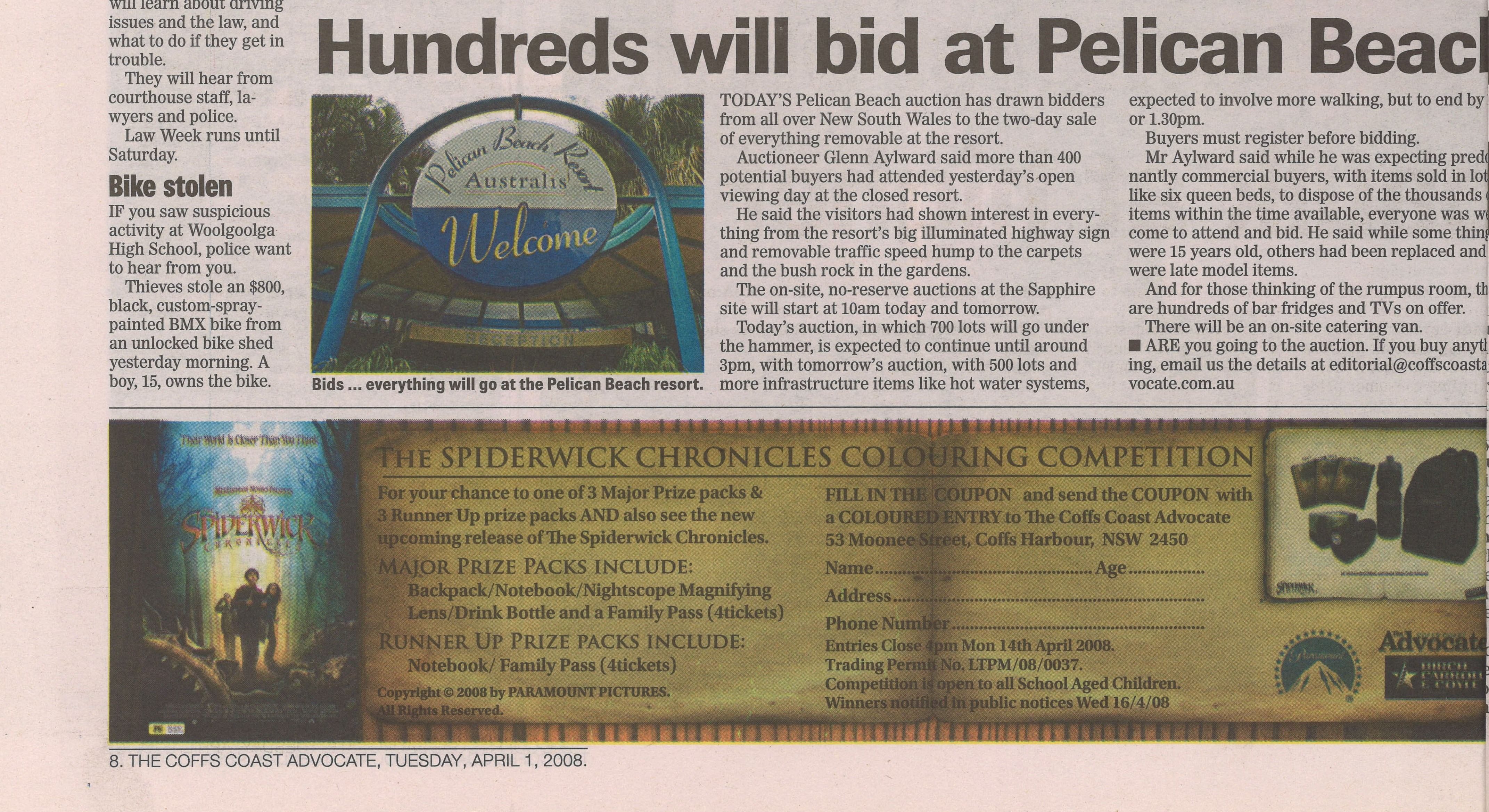 Hundreds will bid at Pelican Beach, Coffs Coast Advocate, 1 April 2008, p.8