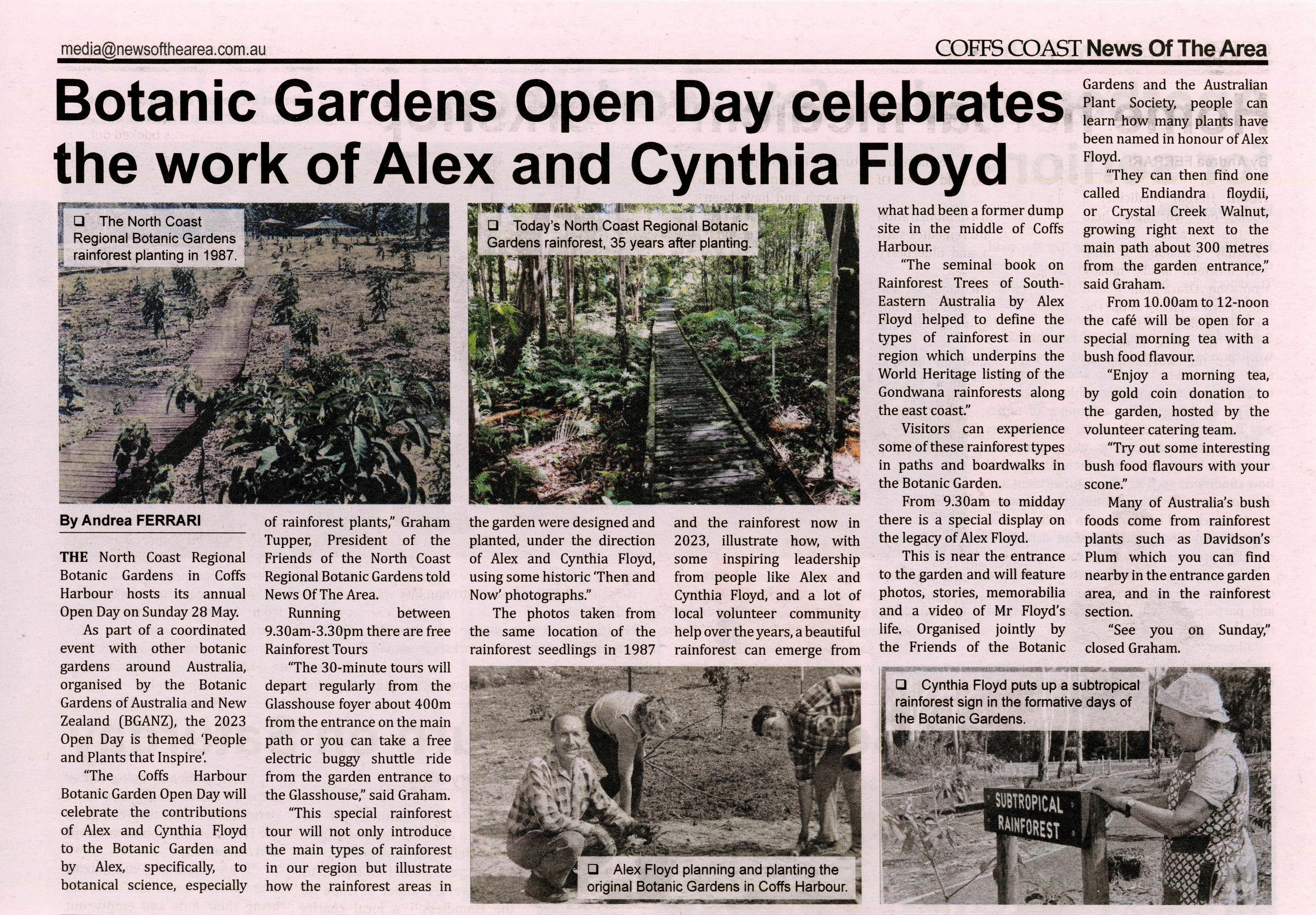 Botanic Gardens Open Day celebrates the work of Alex and Cynthia Floyd
News of the Area
26 May 2023, p.19
https://www.newsofthearea.com.au/botanic-gardens-open-day-celebrates-the-work-of-alex-and-cynthia-floyd