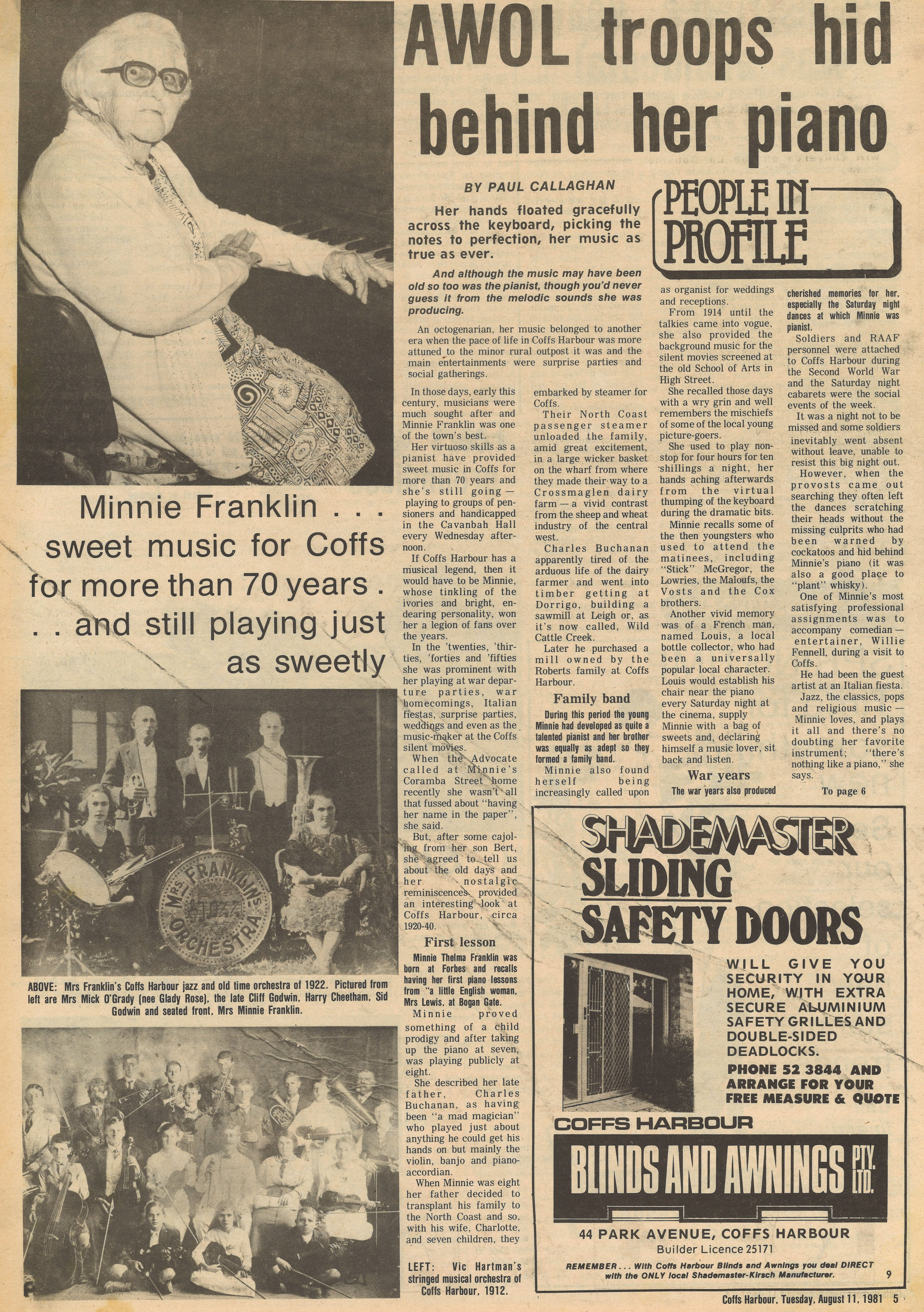 AWOL troops hid behind her piano
Coffs Harbour Advocate
11 August 1981, p.5