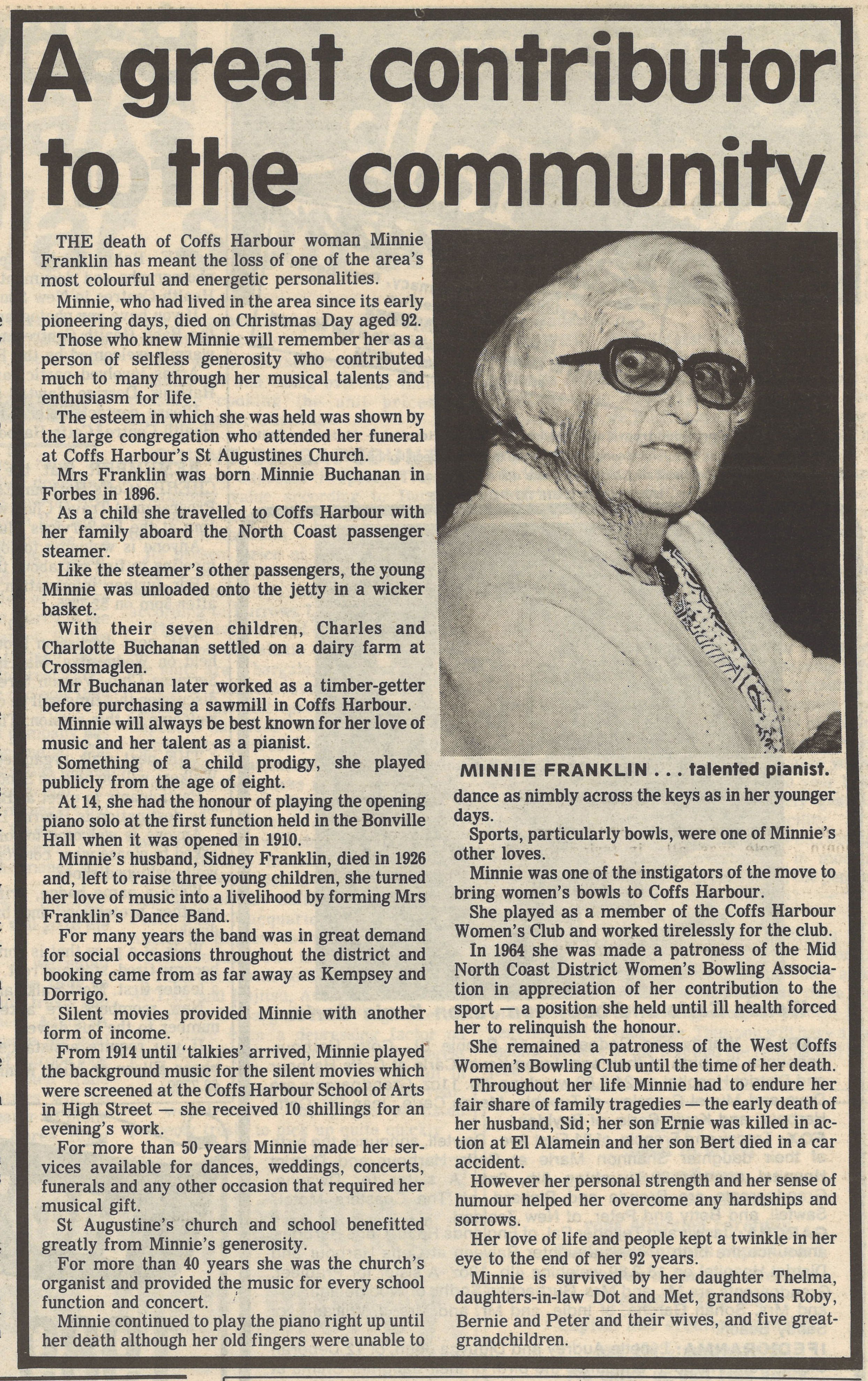 A great contributor to the community
Coffs Harbour Advocate
2 March 1989, p.5