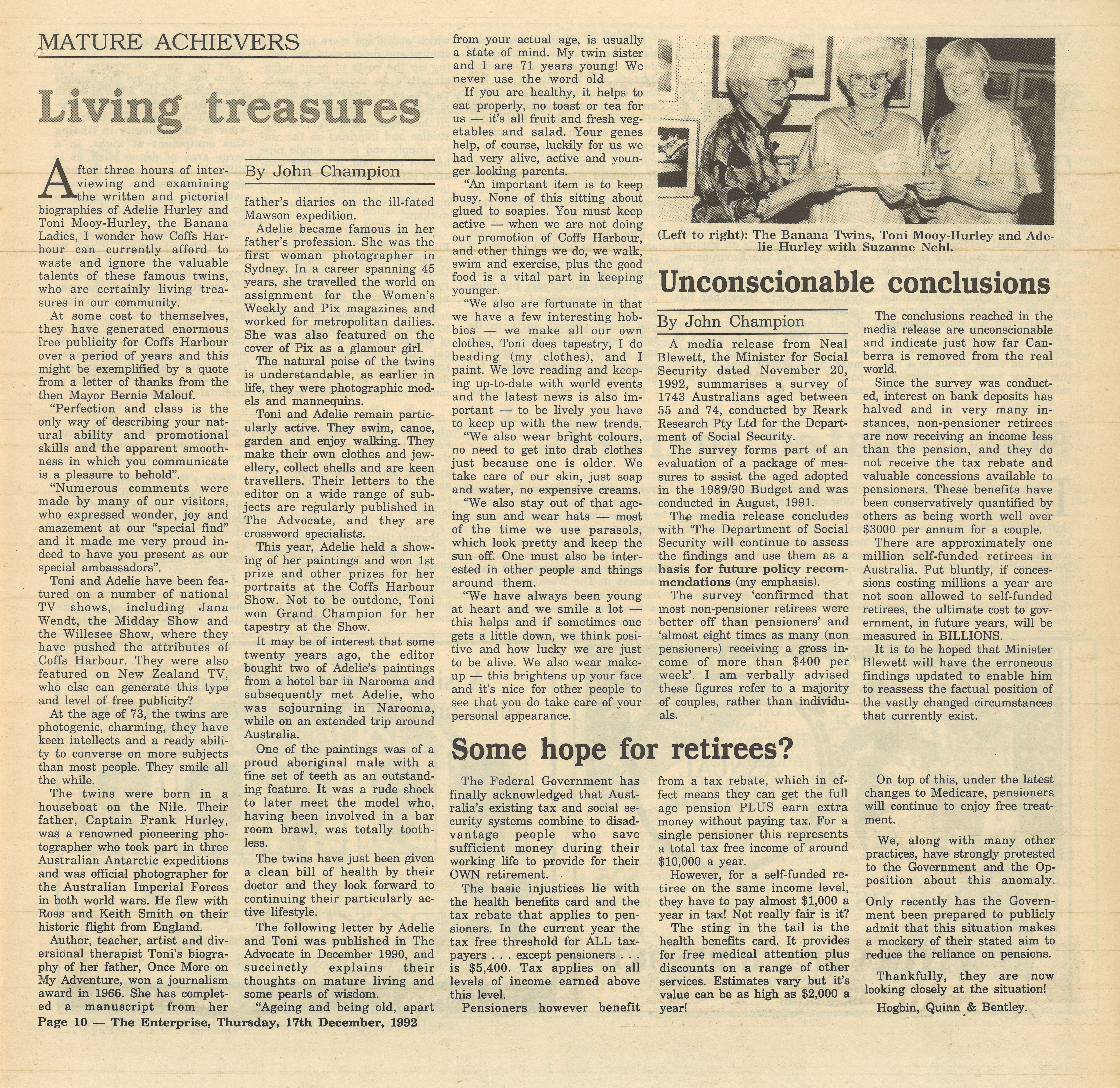 Mature Achievers
Living treasures
17 December 1992, insert