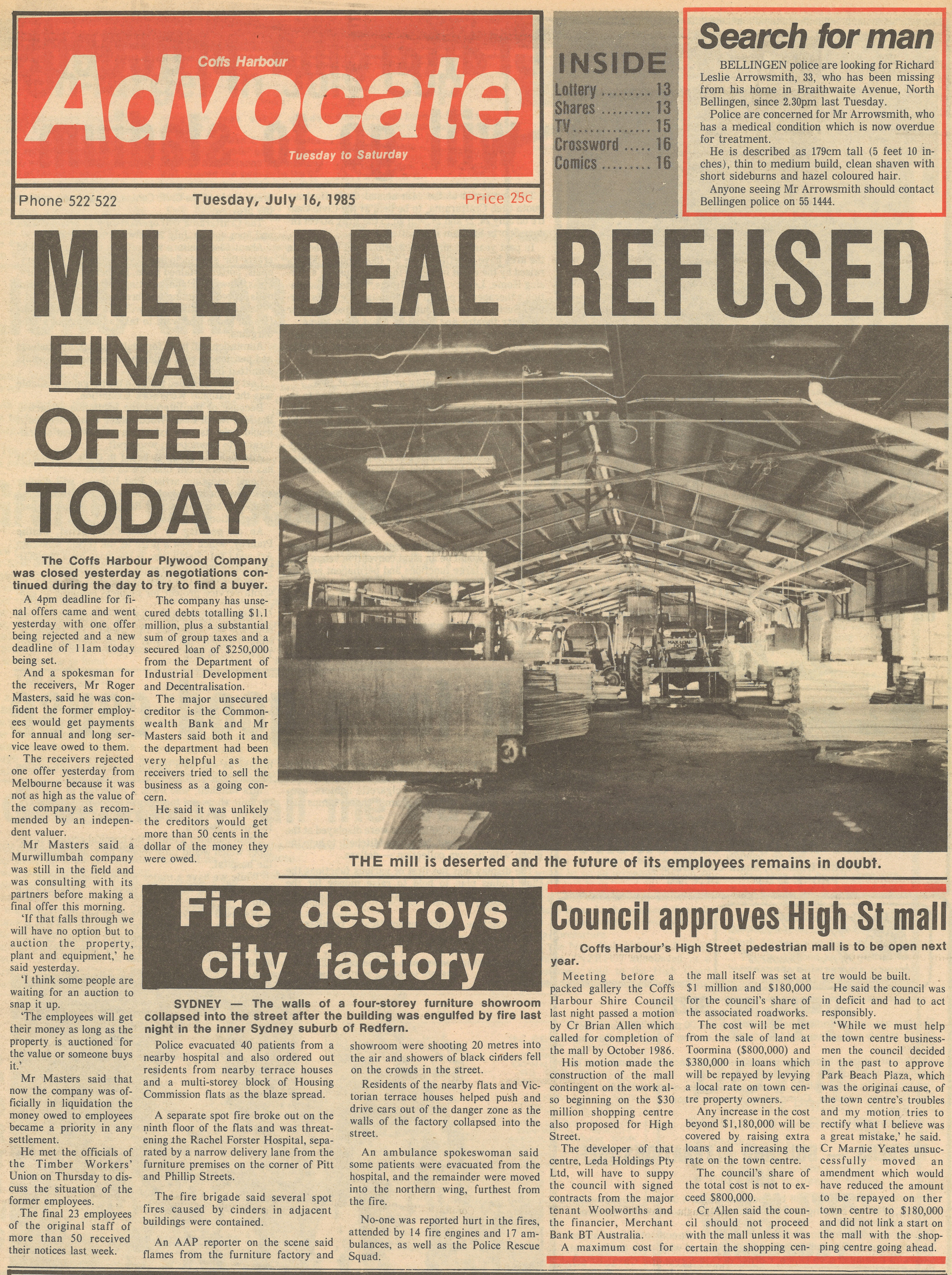 Coffs Harbour Advocate
16 July 1985, p.1