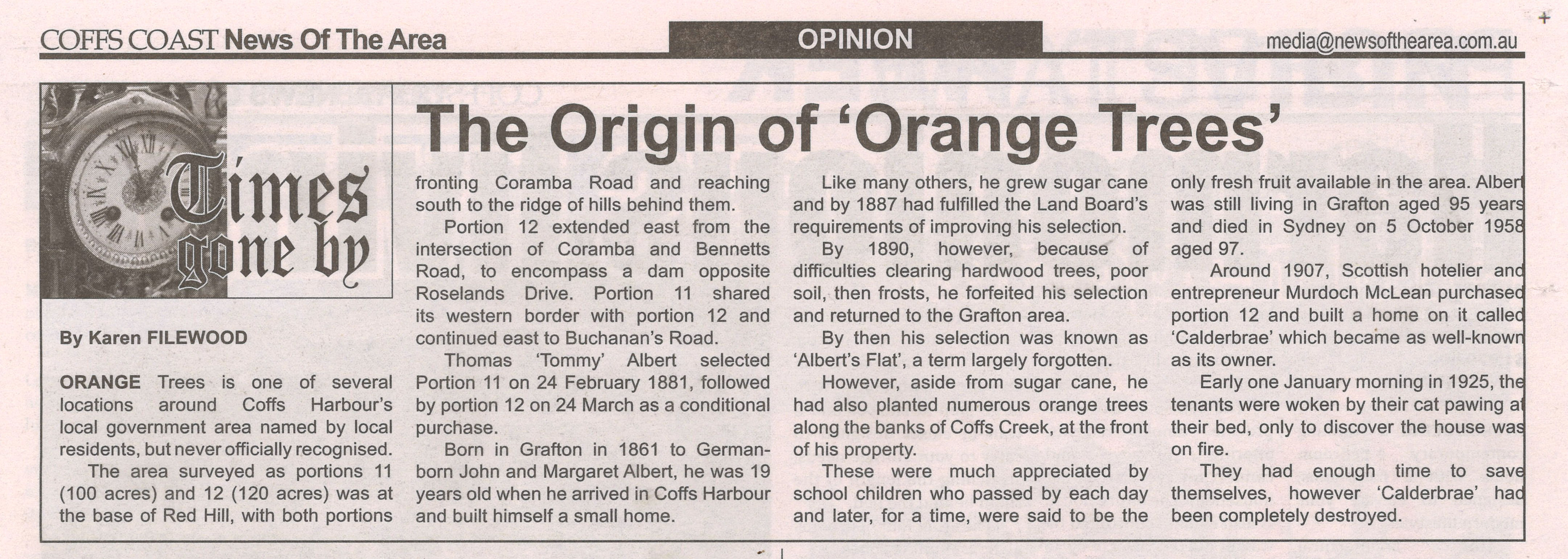The Origin of 'Orange Trees'
by Karen Filewood
Coffs Coast News of the Area
4 August 2023, p.21