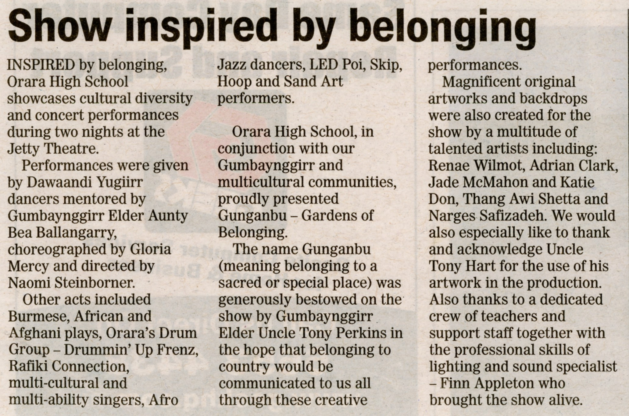Show inspired by belonging
Coffs Coast Advocate
21 December 2016, p.16