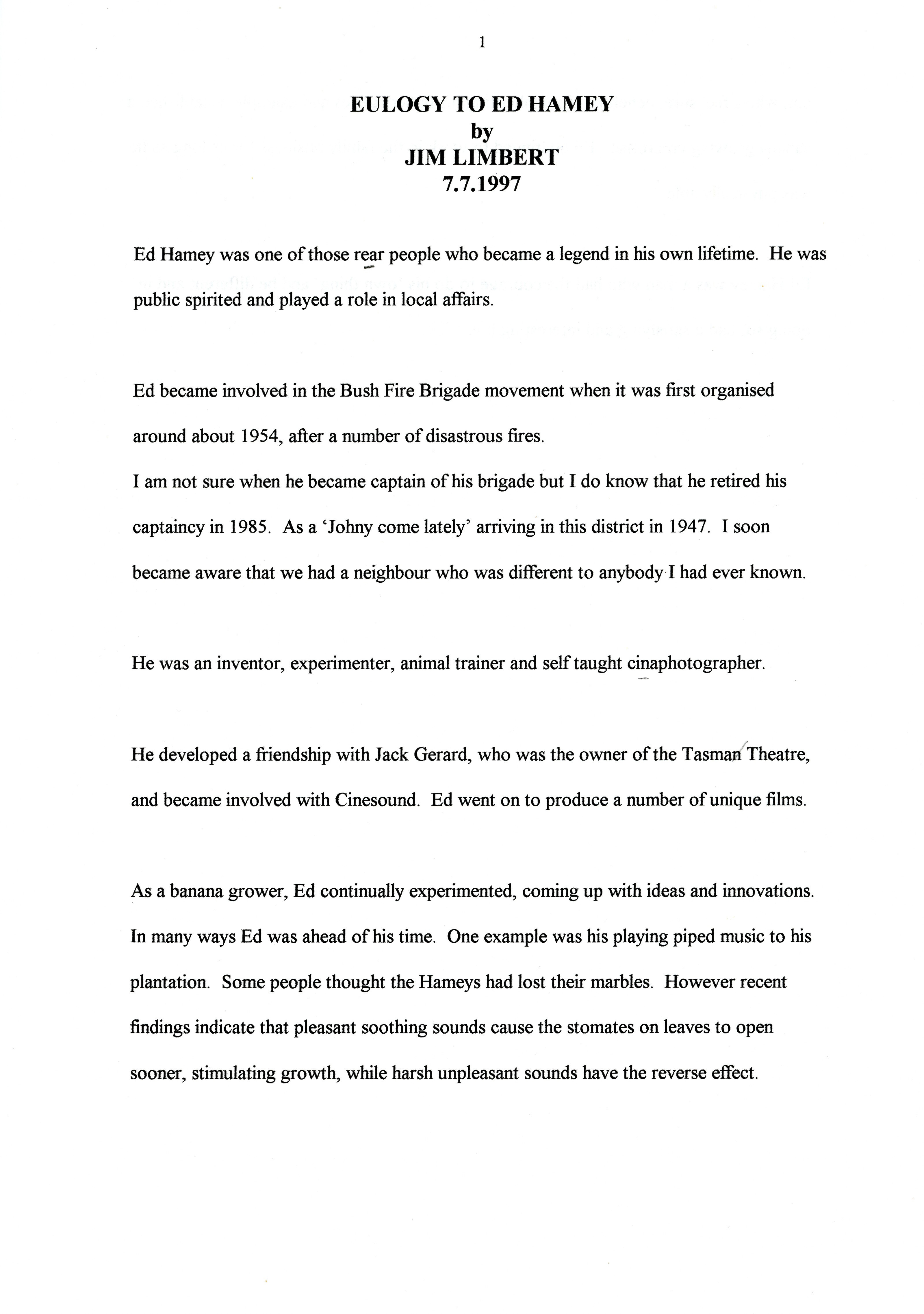 Eulogy to Ed Hamey by Jim Lambert, 7.7.1997, p.1

