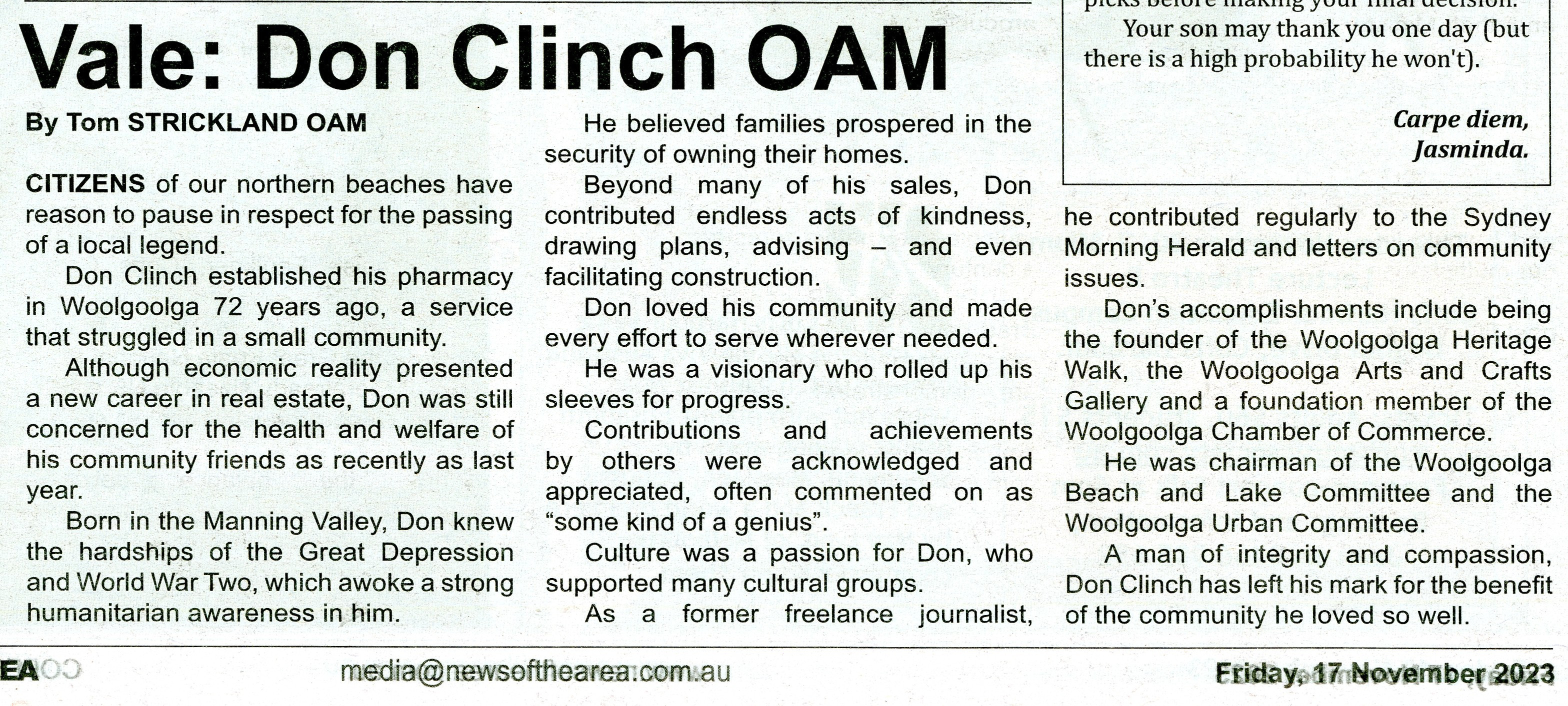 Vale: Don Clinch OAM
News of the Area
17 November 2023, p.26