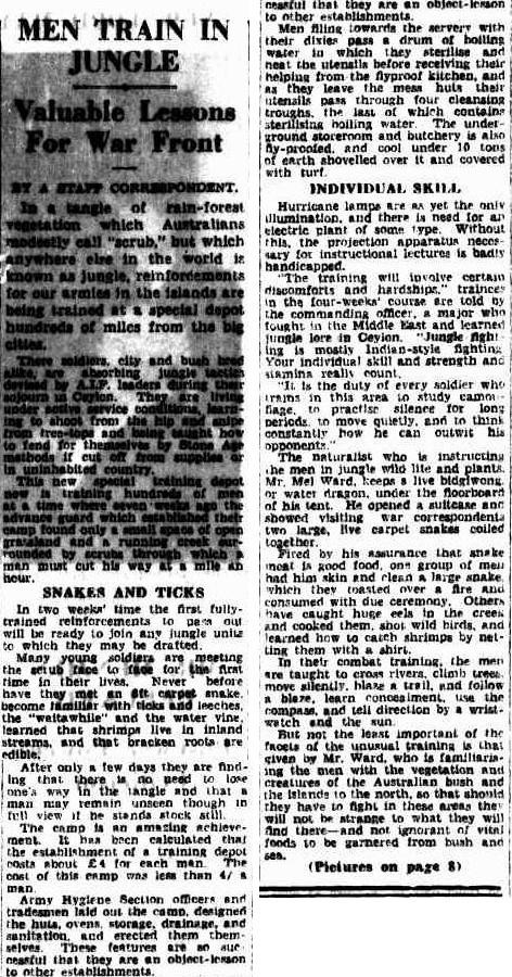 MEN TRAIN IN JUNGLE (1942, December 16). The Sydney Morning Herald (NSW : 1842 - 1954), p. 10. Retrieved February 21, 2024, from http://nla.gov.au/nla.news-article17807687
