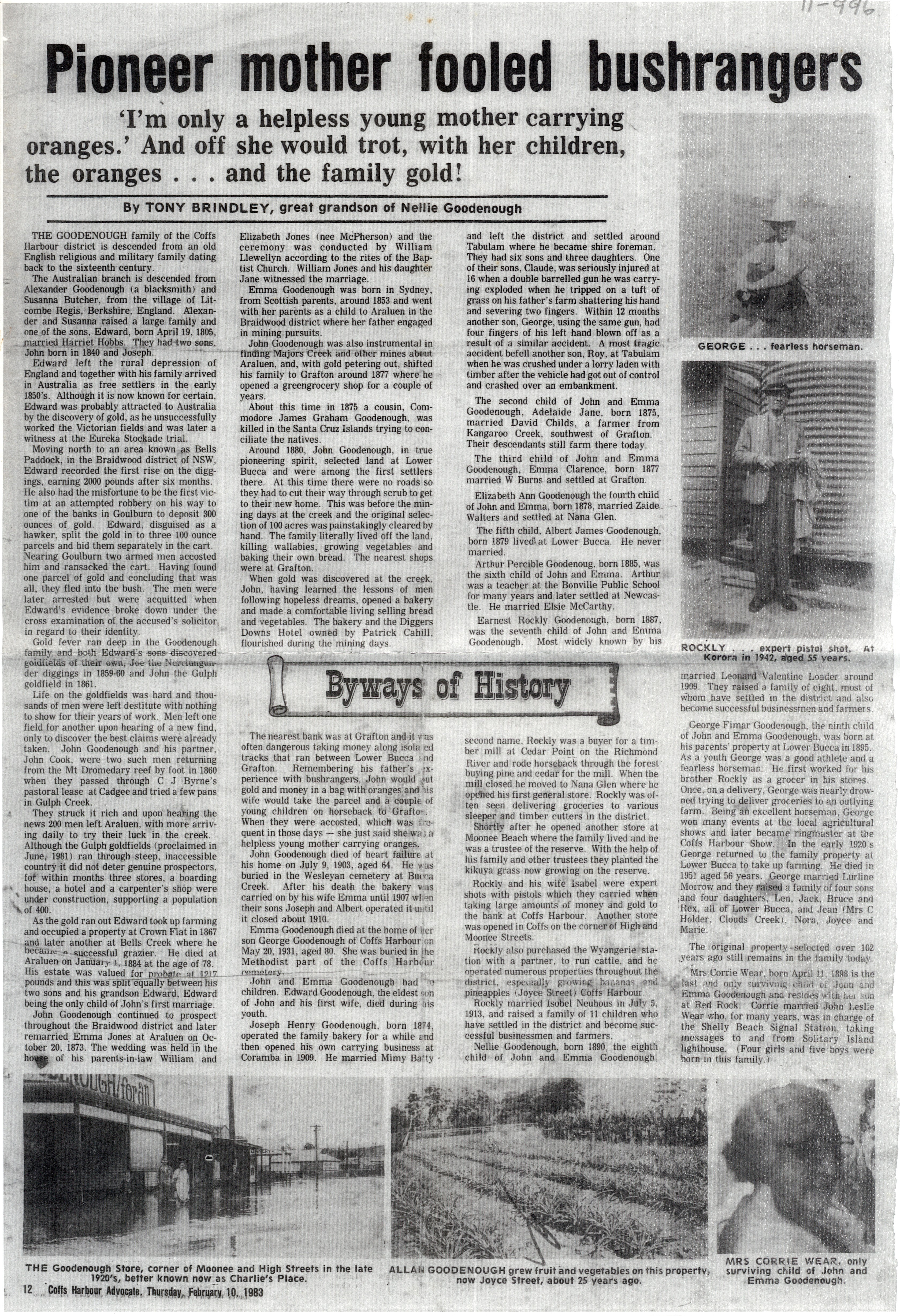 'Pioneer mother fooled bushrangers', Coffs Harbour Advocate, 10 February 1983, p12.